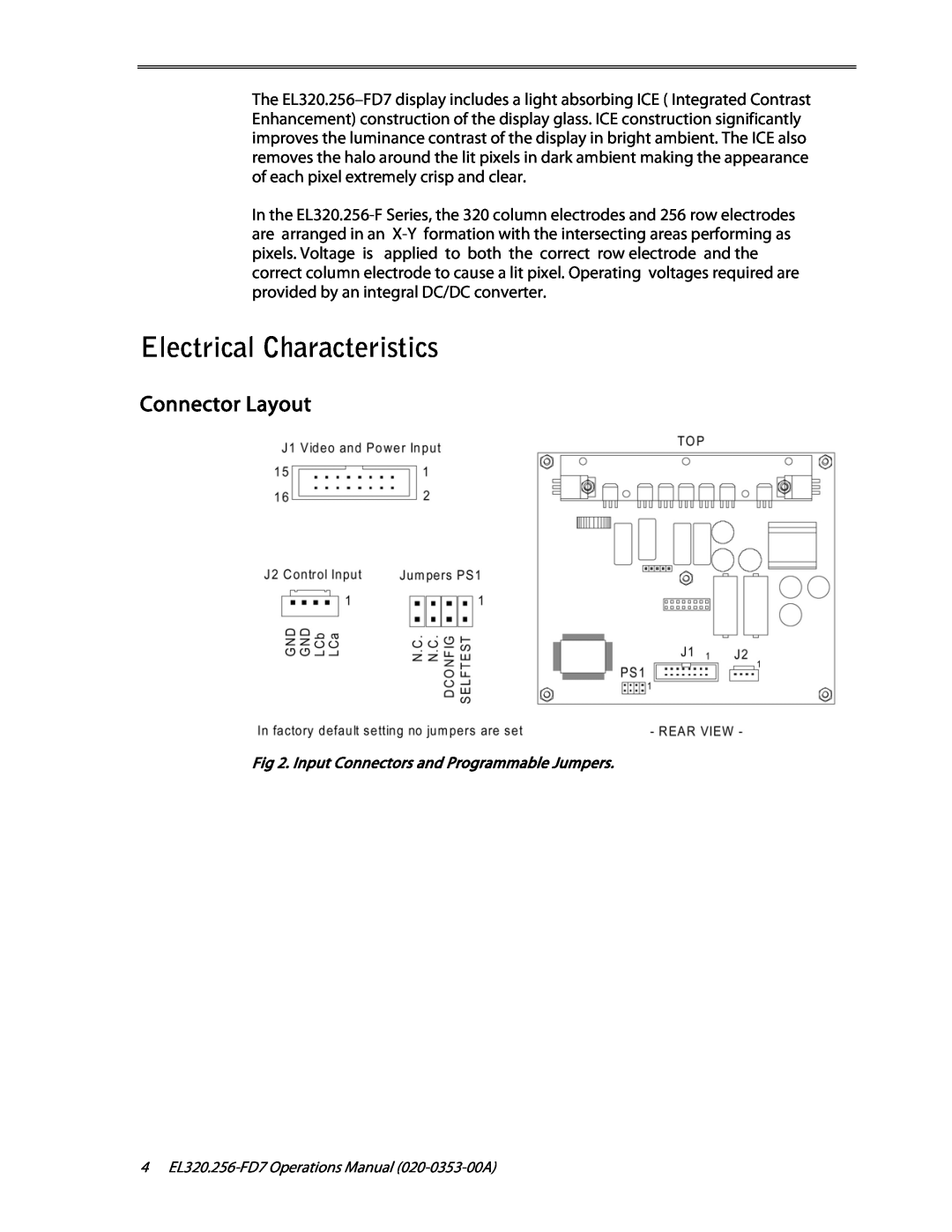 Planar High Contrast Display, High Brightness, EL320.256-FD7 user manual Electrical Characteristics, Connector Layout 