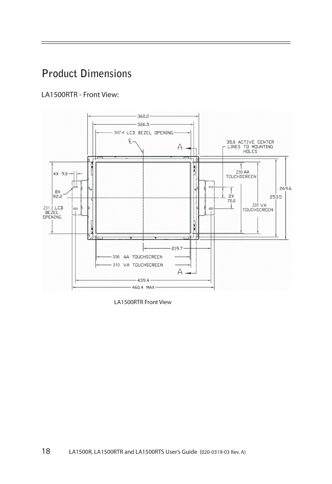 Planar LA1500RTS manual Product Dimensions, LA1500RTR Front View 