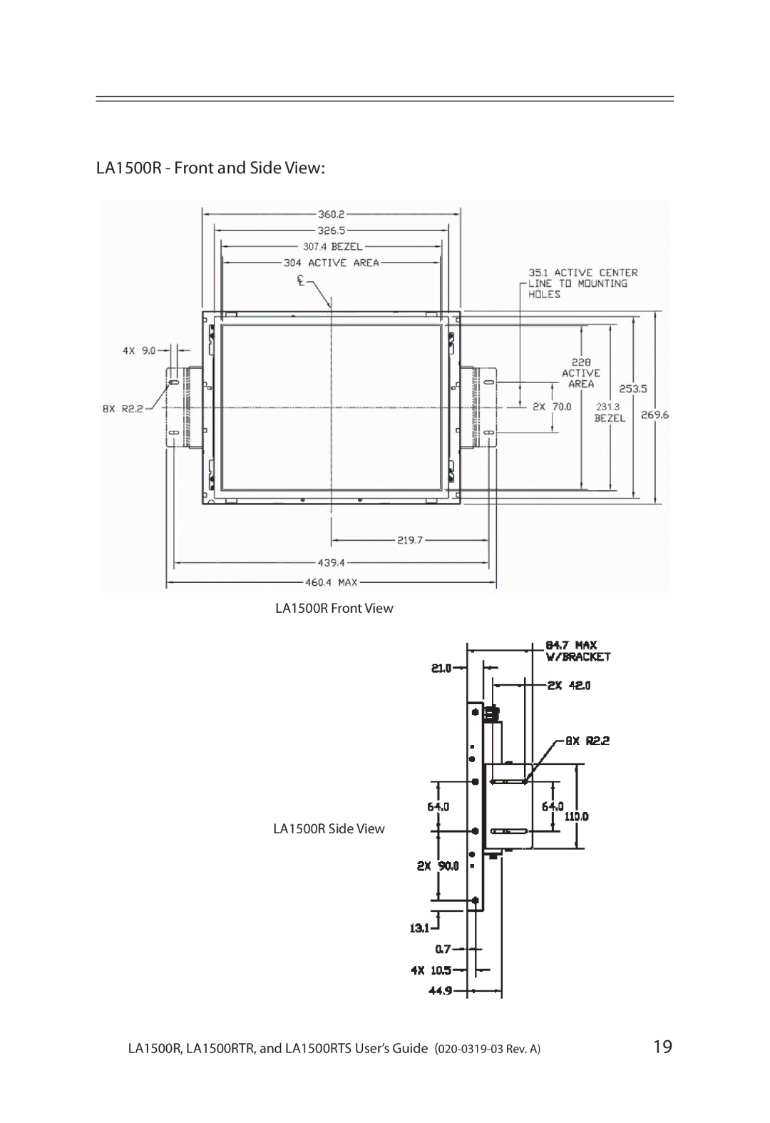 Planar LA1500RTR, LA1500RTS manual LA1500R Front and Side View 