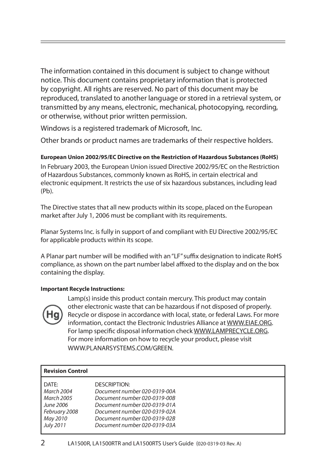 Planar LA1500RTS, LA1500RTR manual Important Recycle Instructions Revision Control 