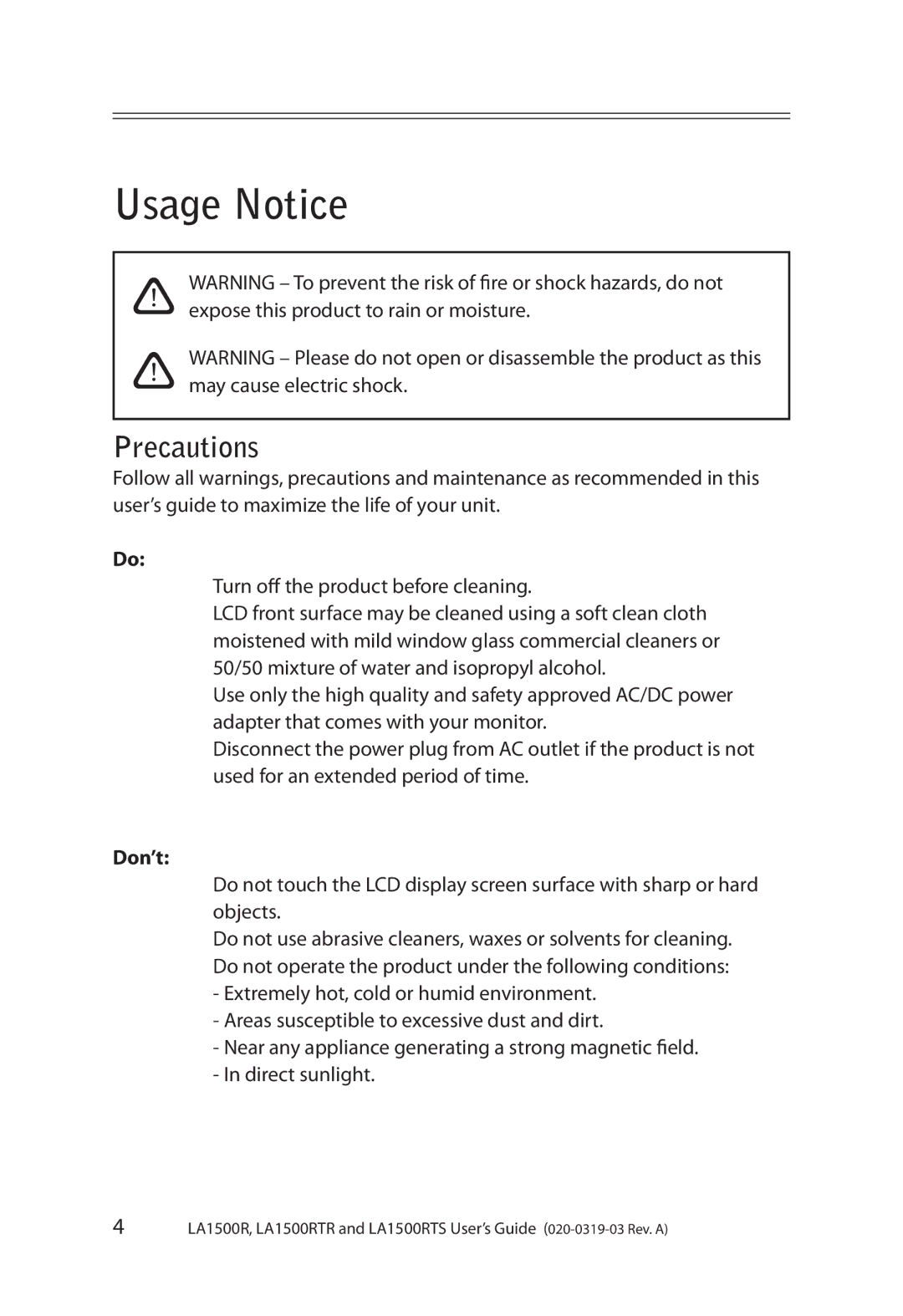 Planar LA1500RTR, LA1500RTS manual Usage Notice, Precautions, Don’t 