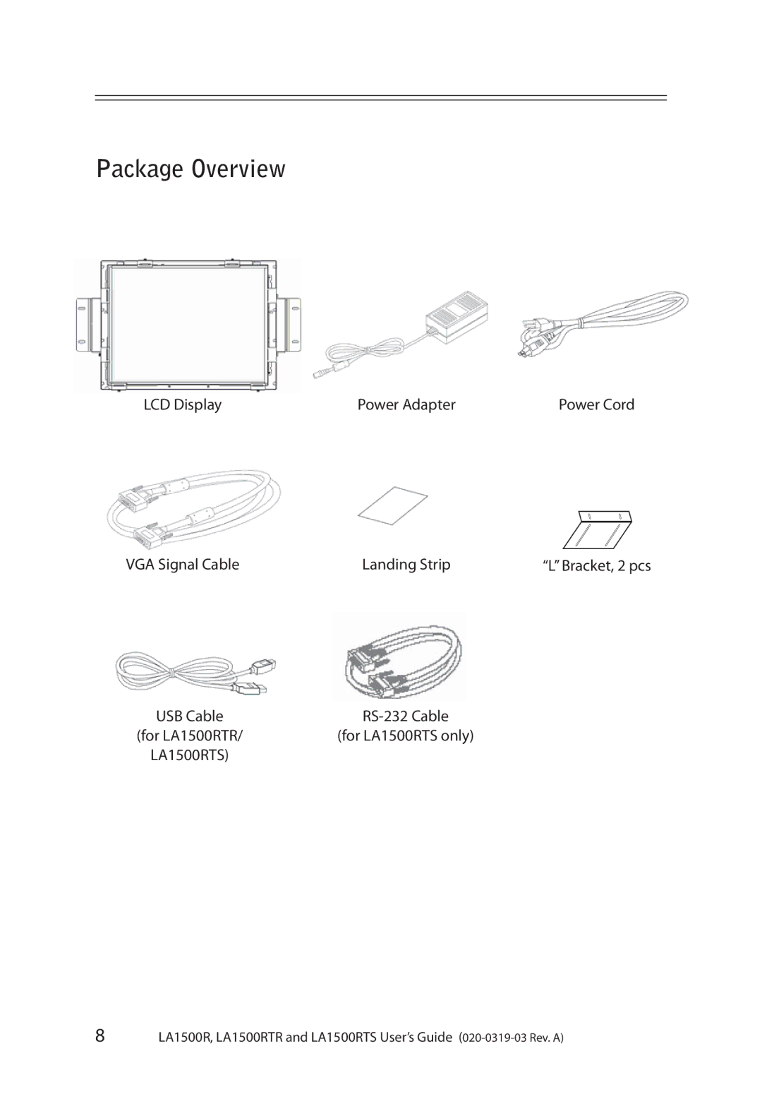 Planar LA1500RTS, LA1500RTR manual Package Overview, VGA Signal Cable Landing Strip Bracket, 2 pcs 