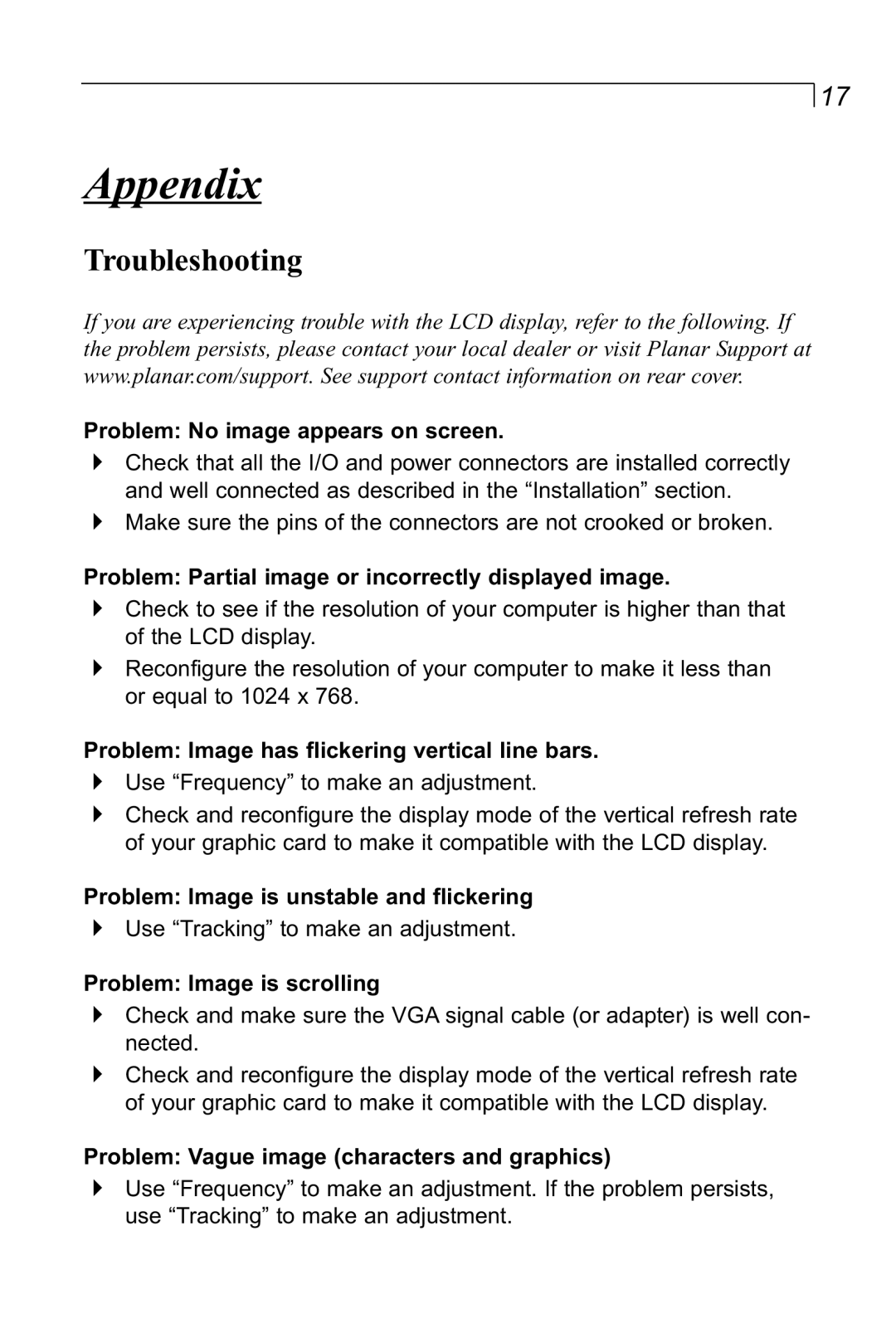 Planar LA1500RTR manual Appendix, Troubleshooting 