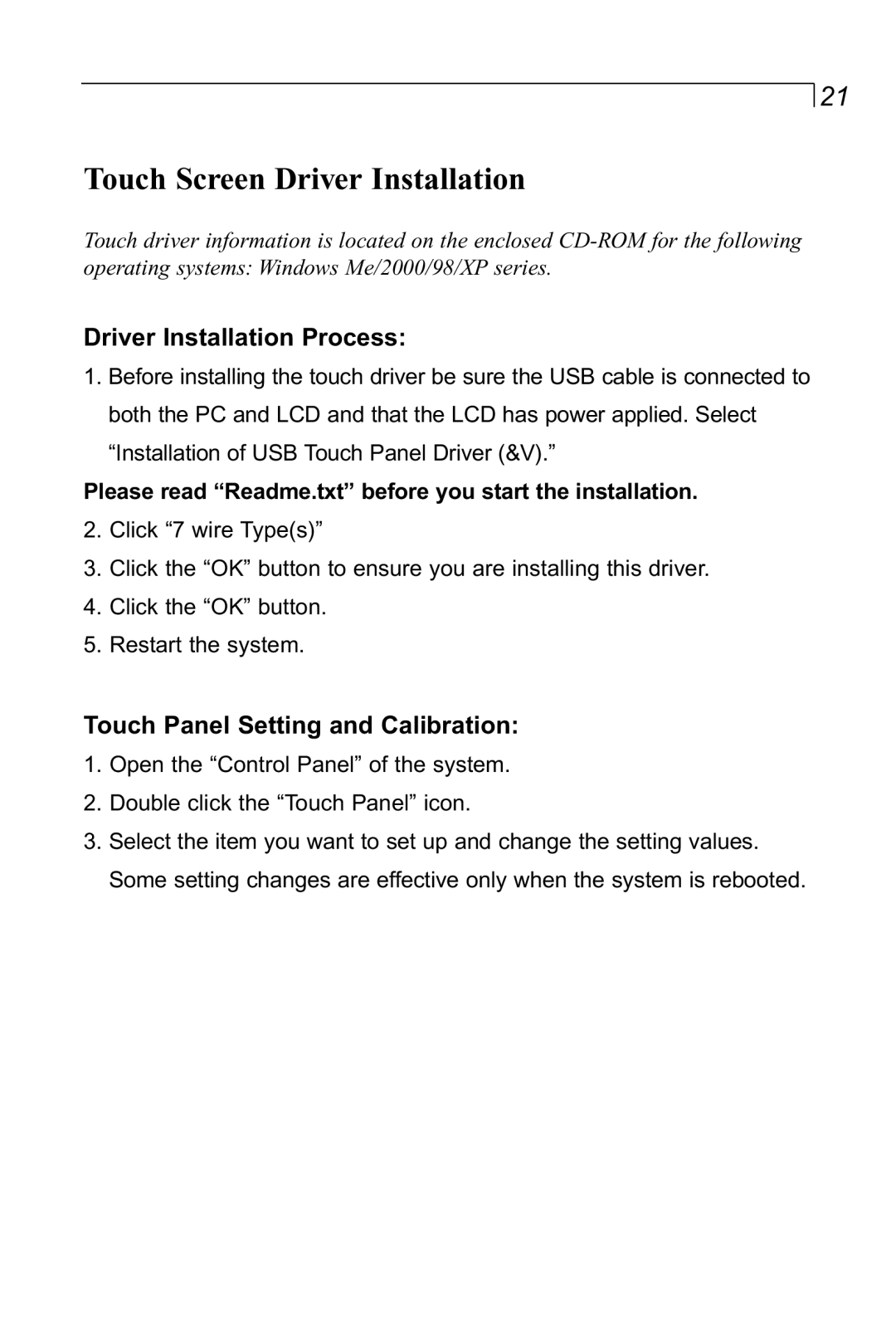 Planar LA1500RTR manual Touch Screen Driver Installation, Please read Readme.txt before you start the installation 