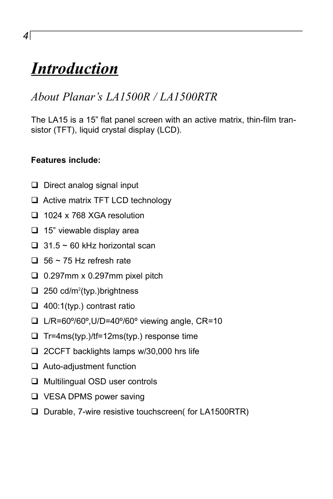 Planar manual Introduction, About Planar’s LA1500R / LA1500RTR, Features include 