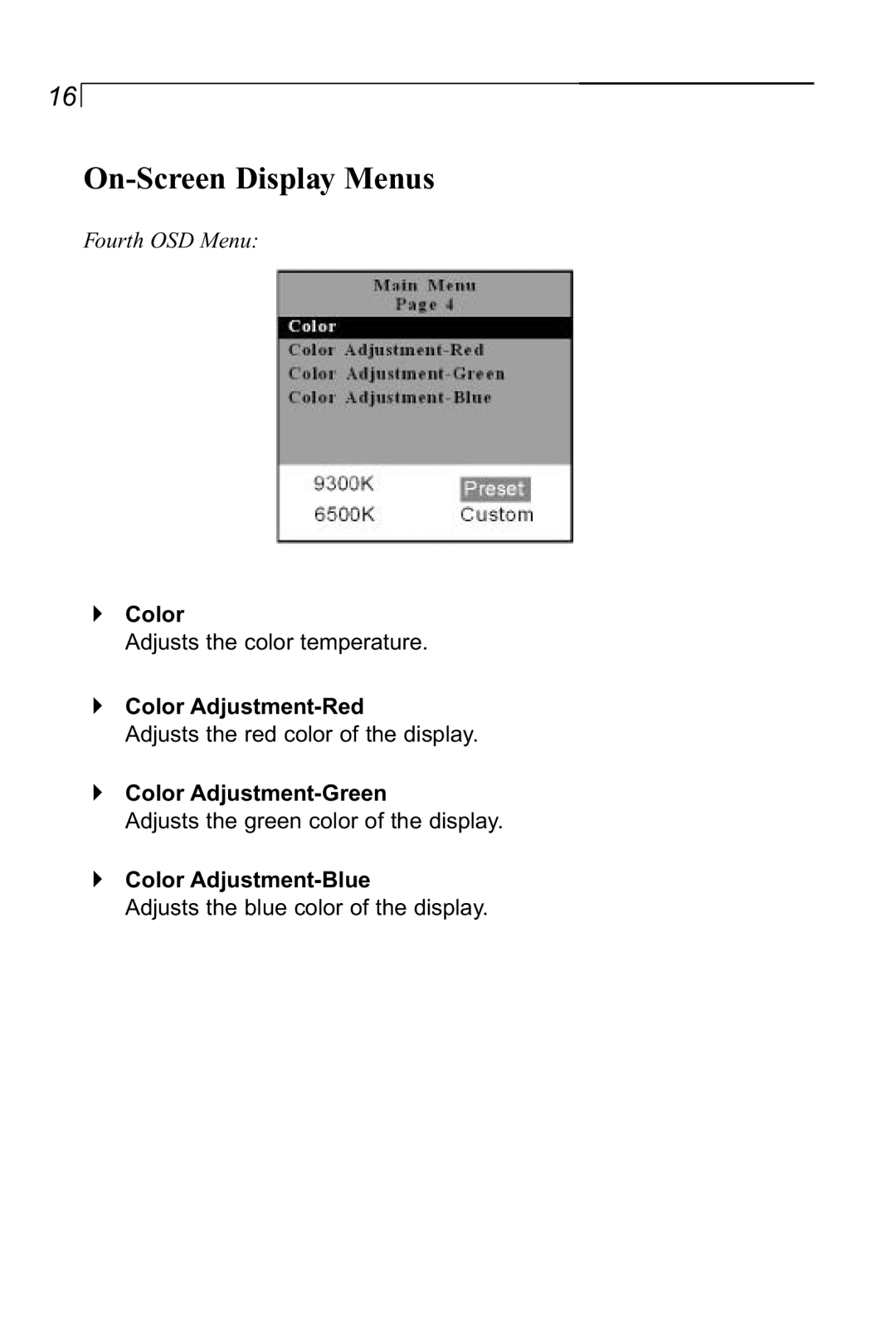 Planar LA1500RTR manual Color Adjustment-Red, Color Adjustment-Green, Color Adjustment-Blue, On-Screen Display Menus 