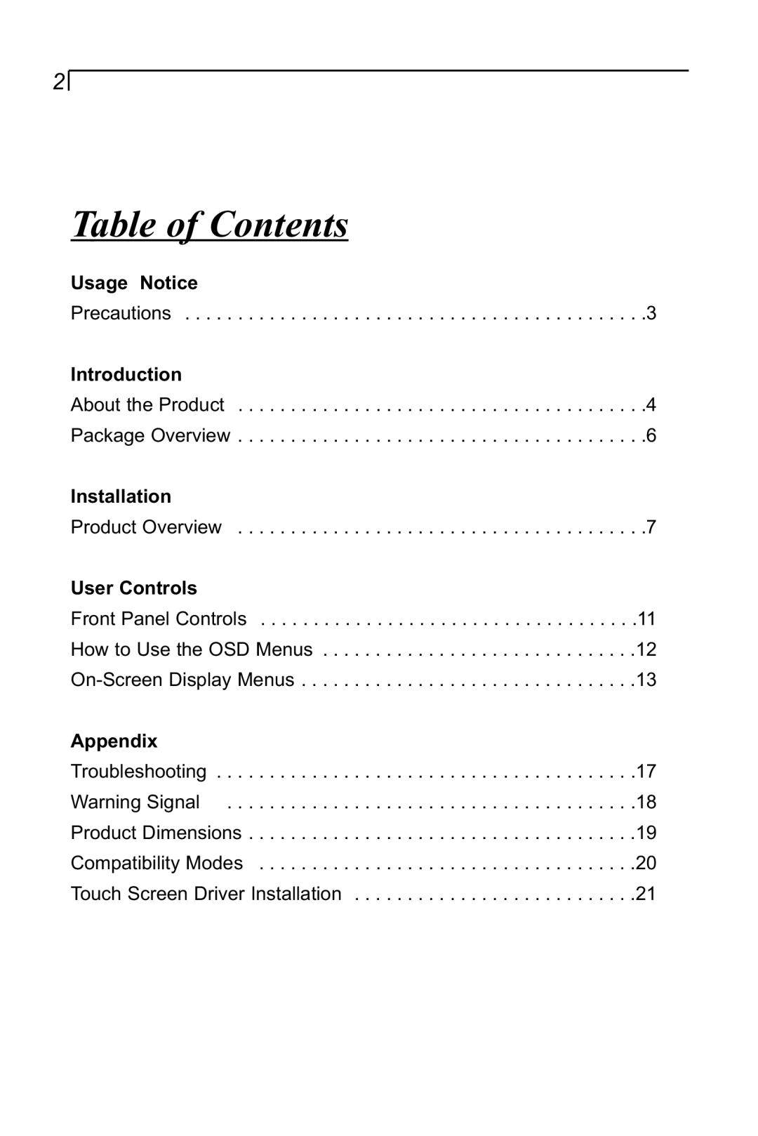 Planar LA1500RTR manual Table of Contents, Usage Notice, Introduction, Installation, User Controls, Appendix 