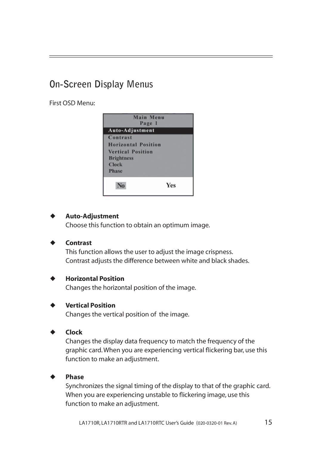 Planar LA1710RTR, LA1710RTC manual On-Screen Display Menus 