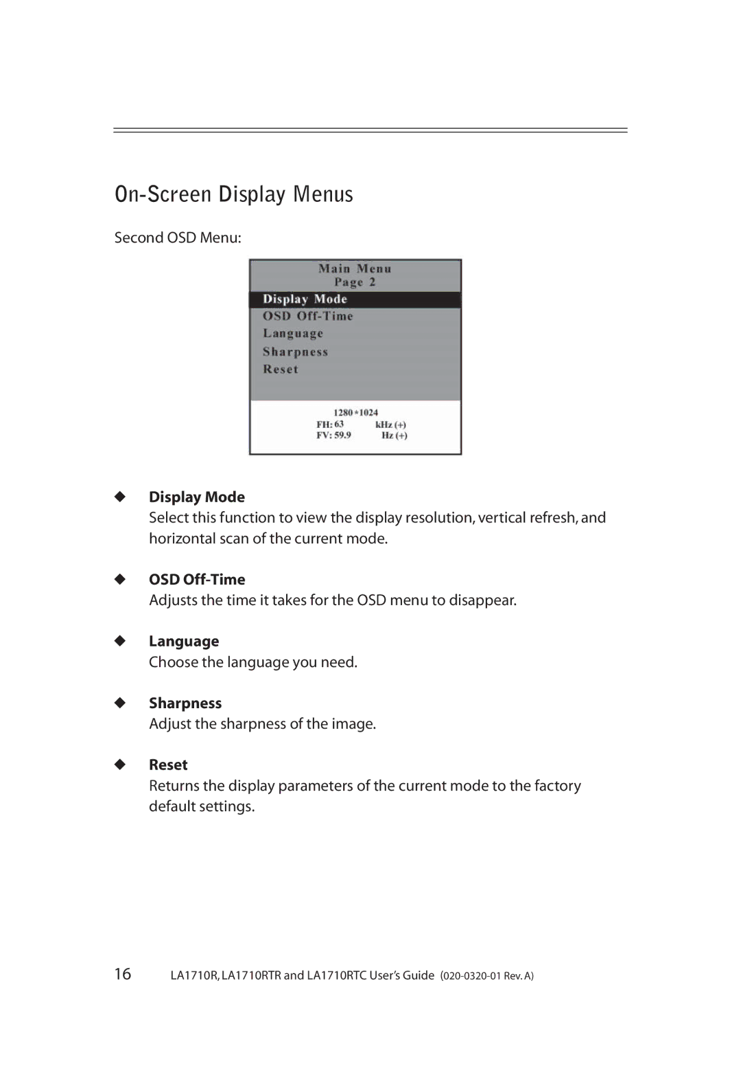 Planar LA1710RTR, LA1710RTC manual Display Mode, OSD Off-Time, Language, Sharpness, Reset 