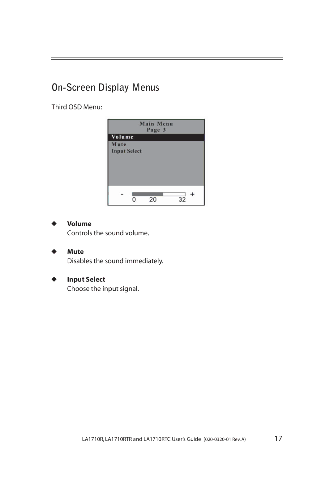 Planar LA1710RTC, LA1710RTR manual Volume, Mute, Input Select 