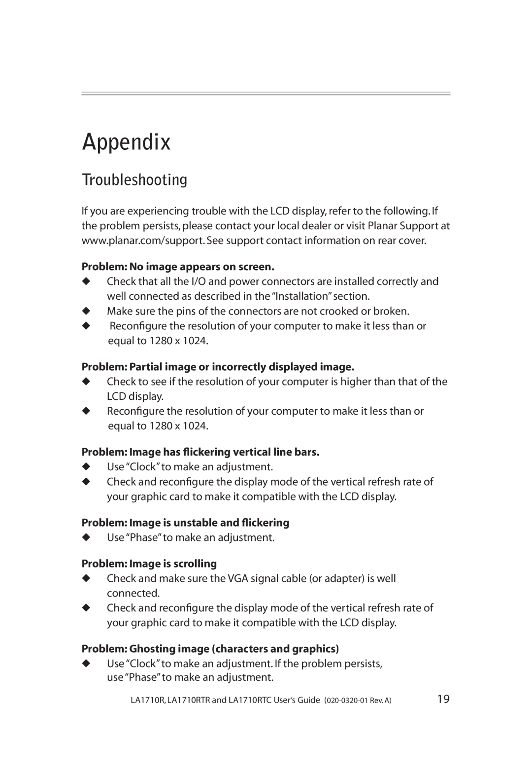 Planar LA1710RTR, LA1710RTC manual Appendix, Troubleshooting 