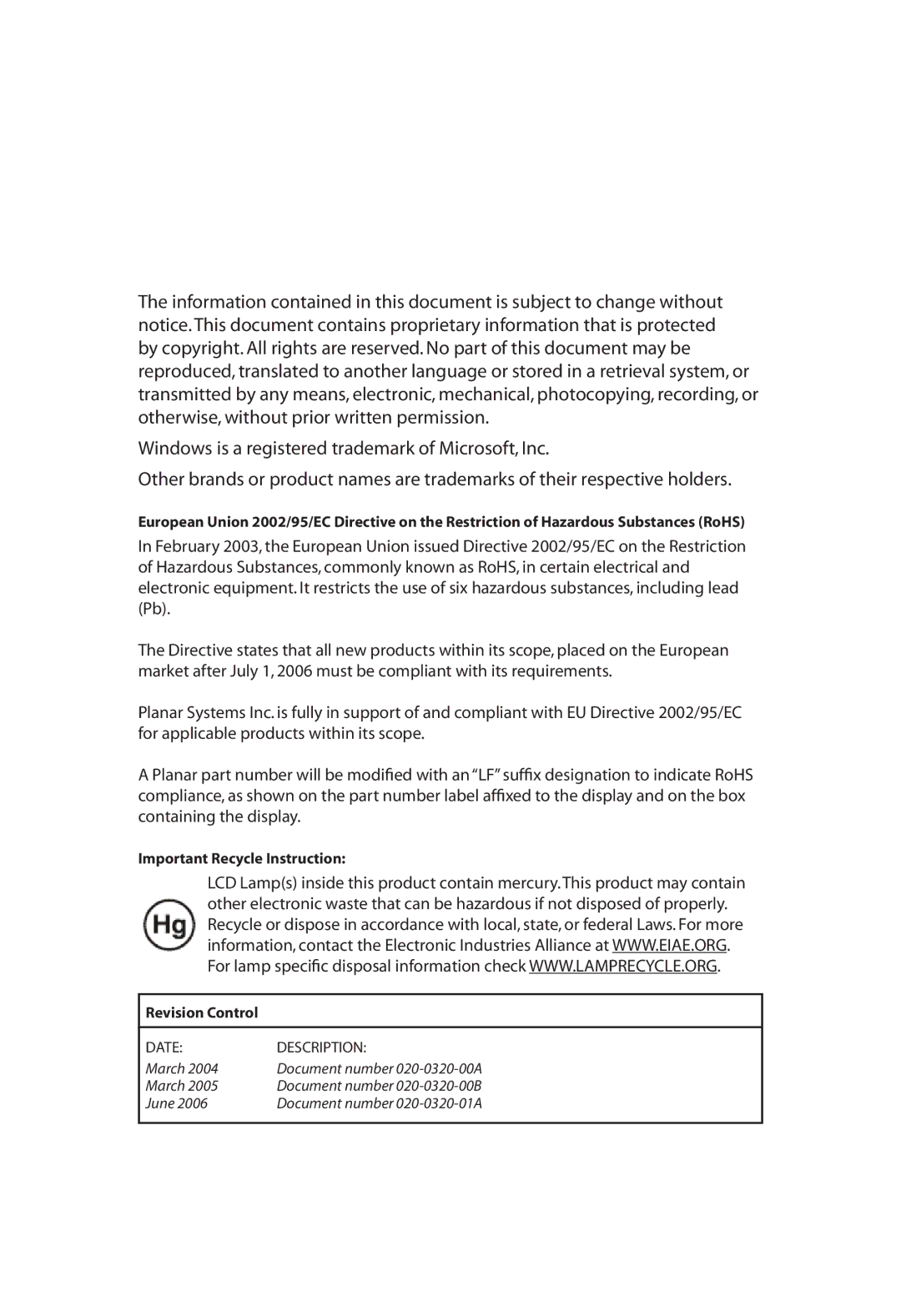 Planar LA1710RTC, LA1710RTR manual Important Recycle Instruction Revision Control 