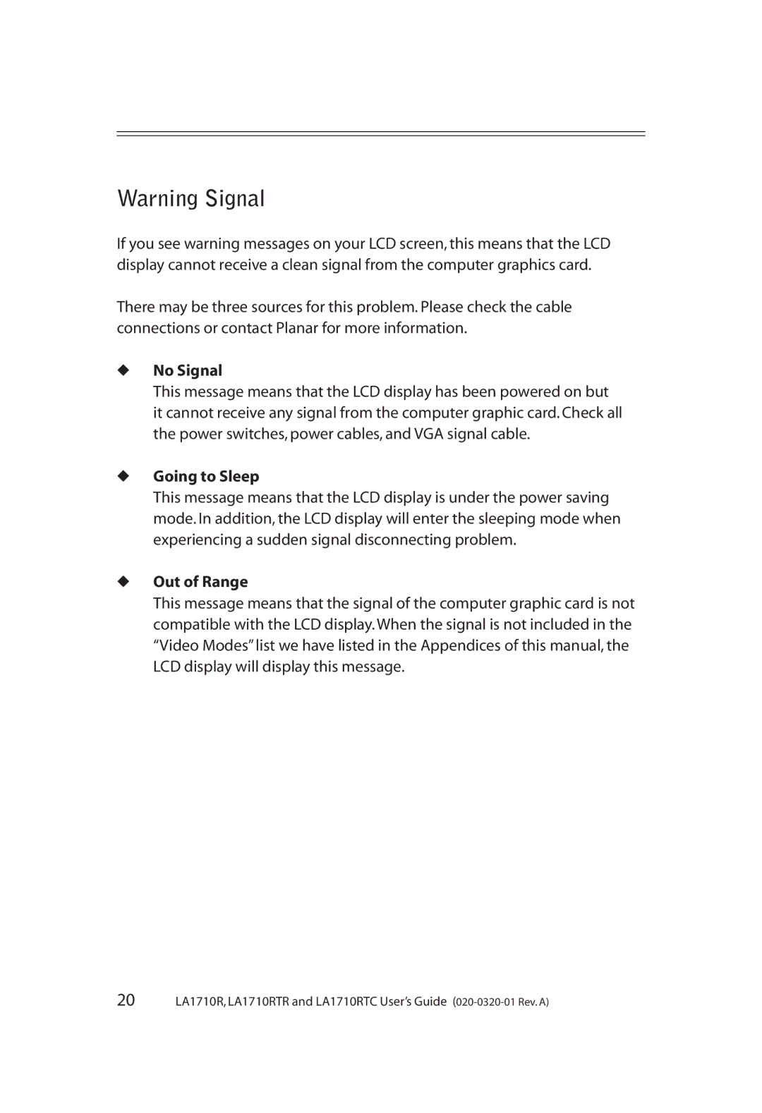 Planar LA1710RTC, LA1710RTR manual No Signal, Going to Sleep, Out of Range 