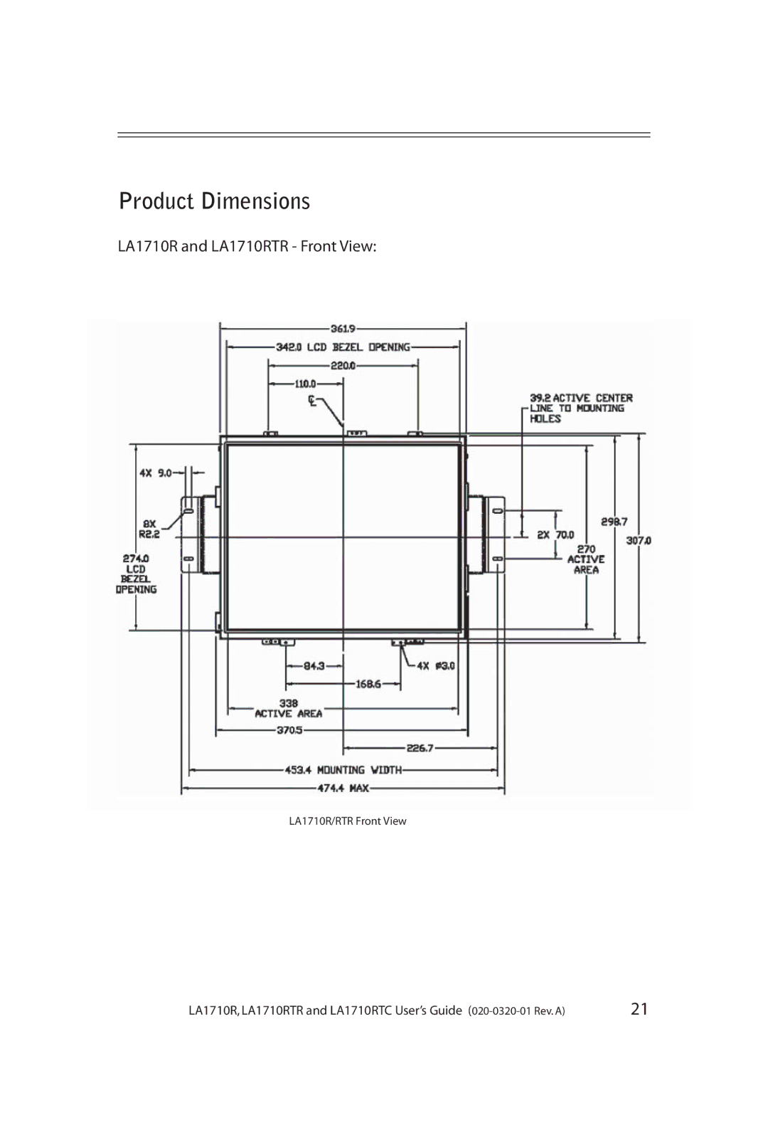 Planar LA1710RTR, LA1710RTC manual Product Dimensions 