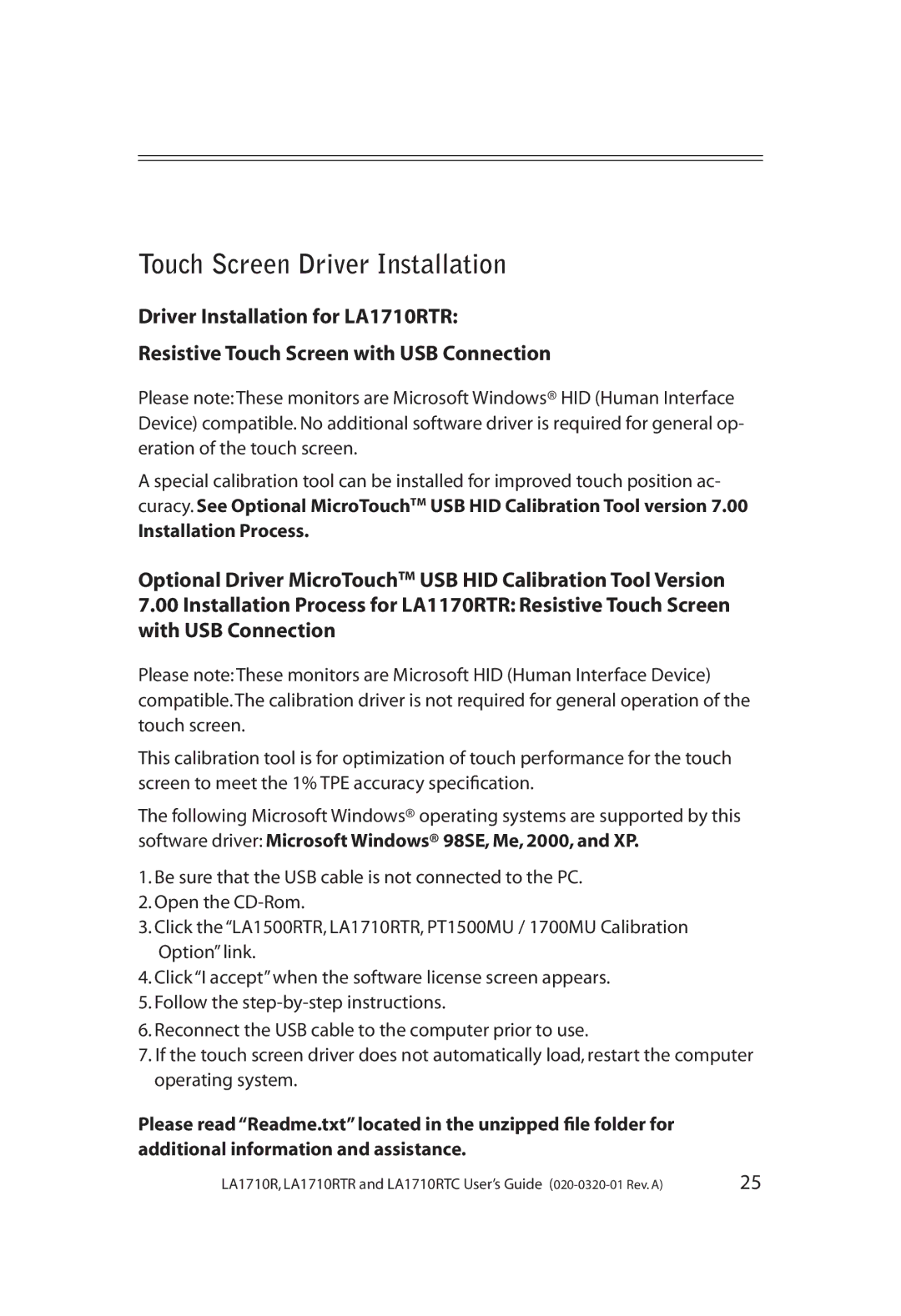 Planar LA1710RTR, LA1710RTC manual Touch Screen Driver Installation, Installation Process 