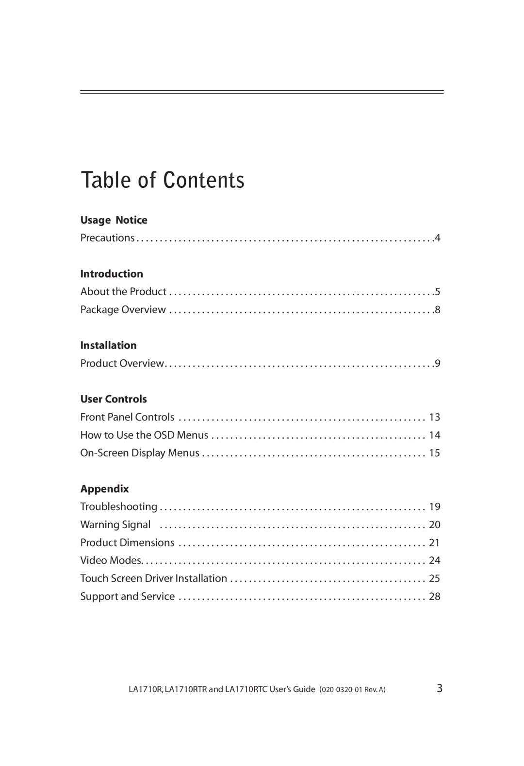 Planar LA1710RTR, LA1710RTC manual Table of Contents 