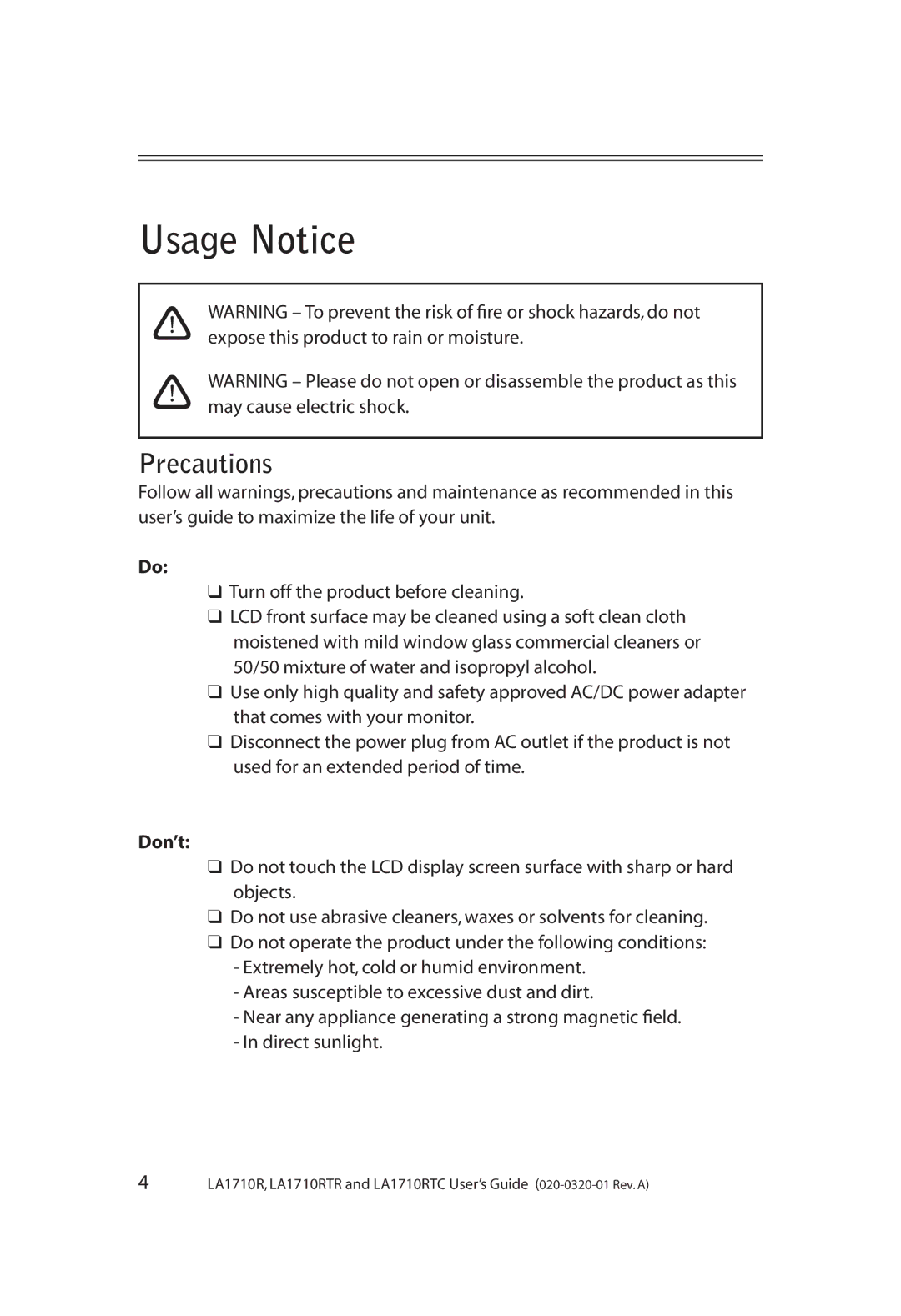 Planar LA1710RTR, LA1710RTC manual Usage Notice, Precautions, Don’t 