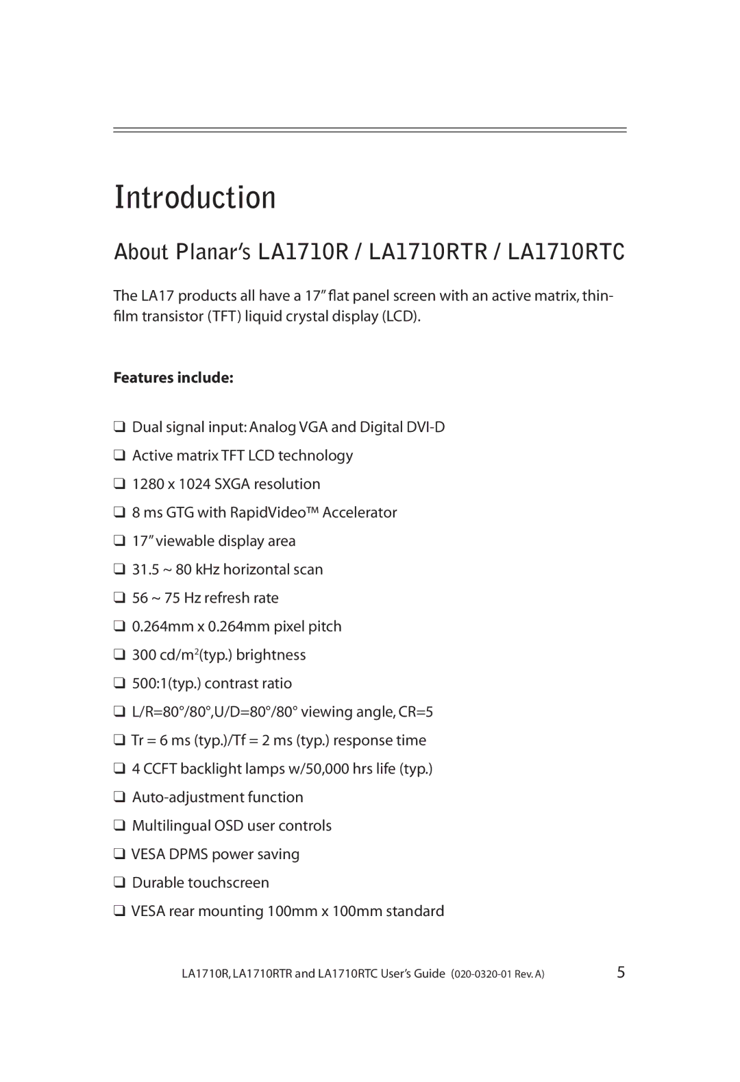 Planar manual Introduction, About Planar’s LA1710R / LA1710RTR / LA1710RTC, Features include 