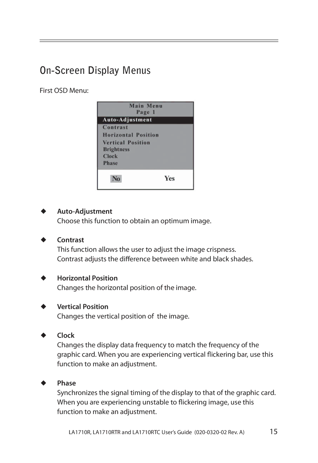 Planar LA1710RTR, LA1710RTC manual On-Screen Display Menus 