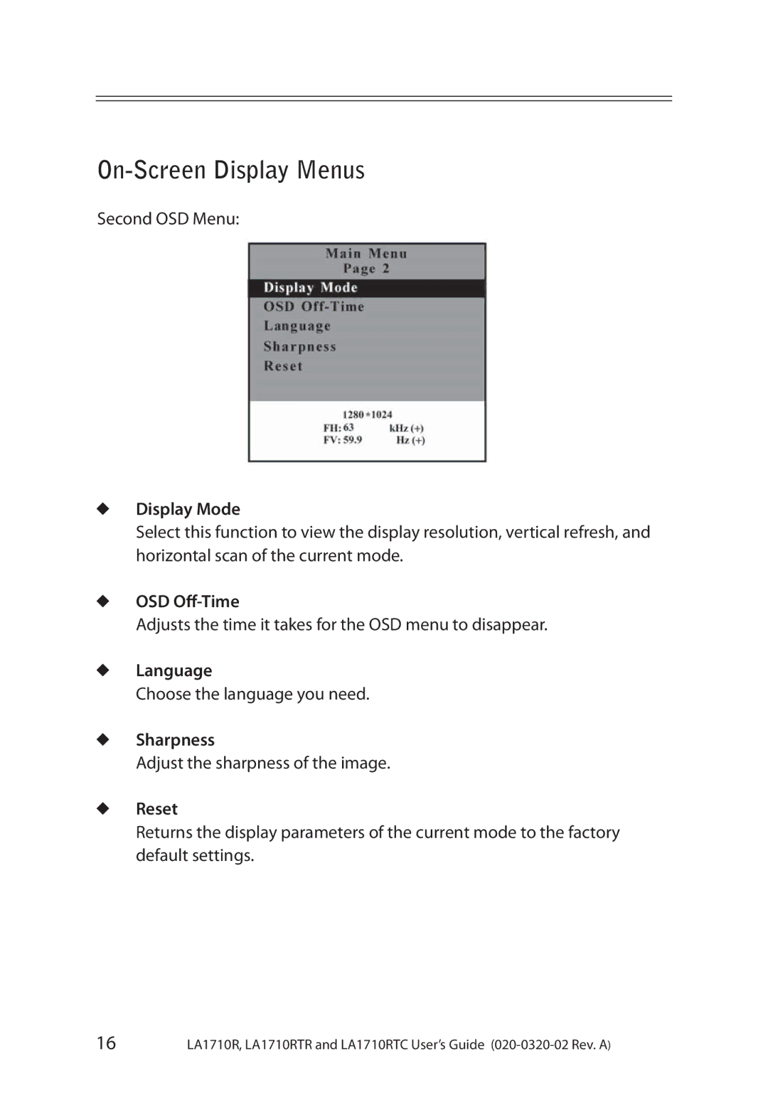 Planar LA1710RTR, LA1710RTC manual Display Mode, OSD Off-Time, Language, Sharpness, Reset 