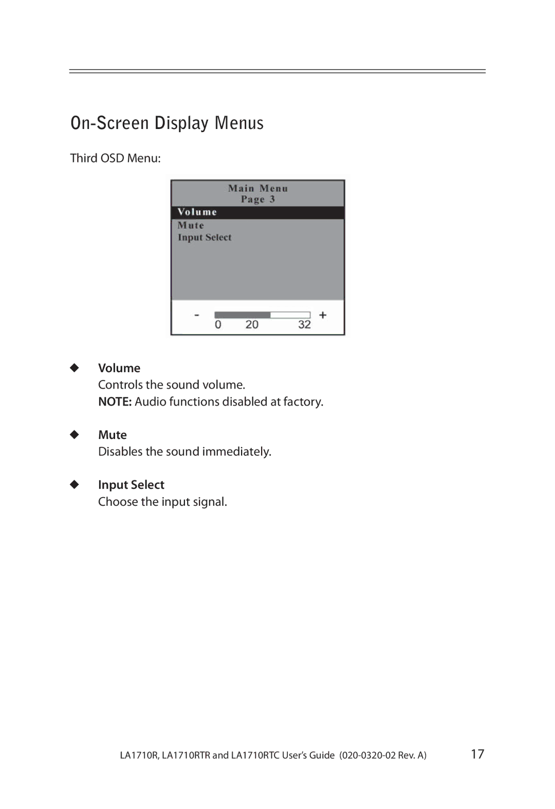 Planar LA1710RTC, LA1710RTR manual Volume, Mute, Input Select 