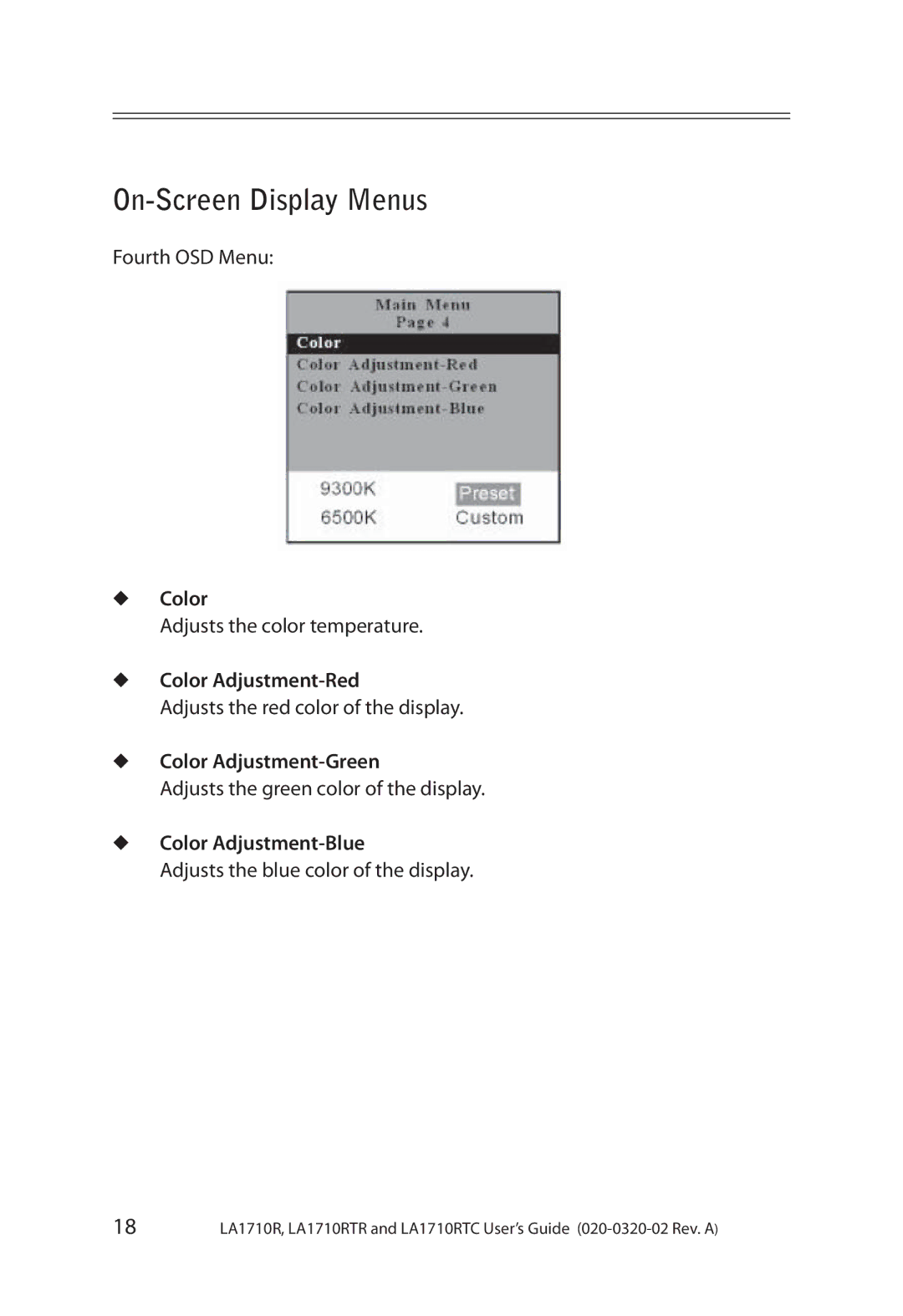 Planar LA1710RTR, LA1710RTC manual Color Adjustment-Red, Color Adjustment-Green, Color Adjustment-Blue 