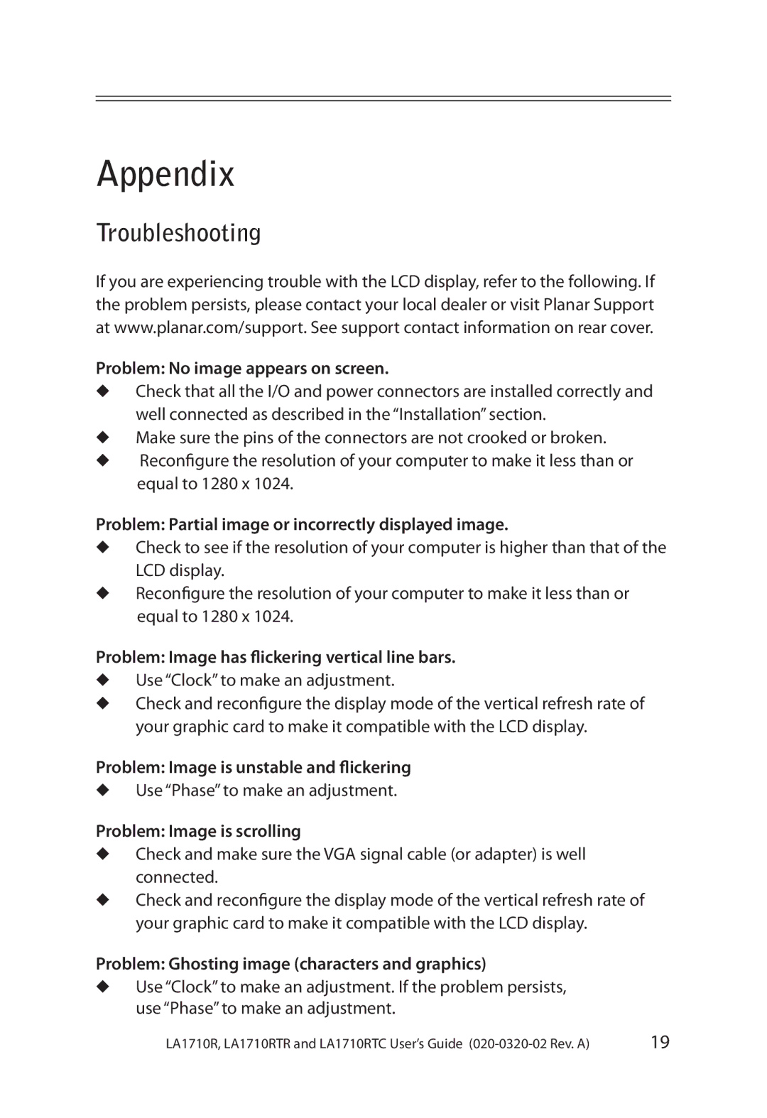 Planar LA1710RTR, LA1710RTC manual Appendix, Troubleshooting 