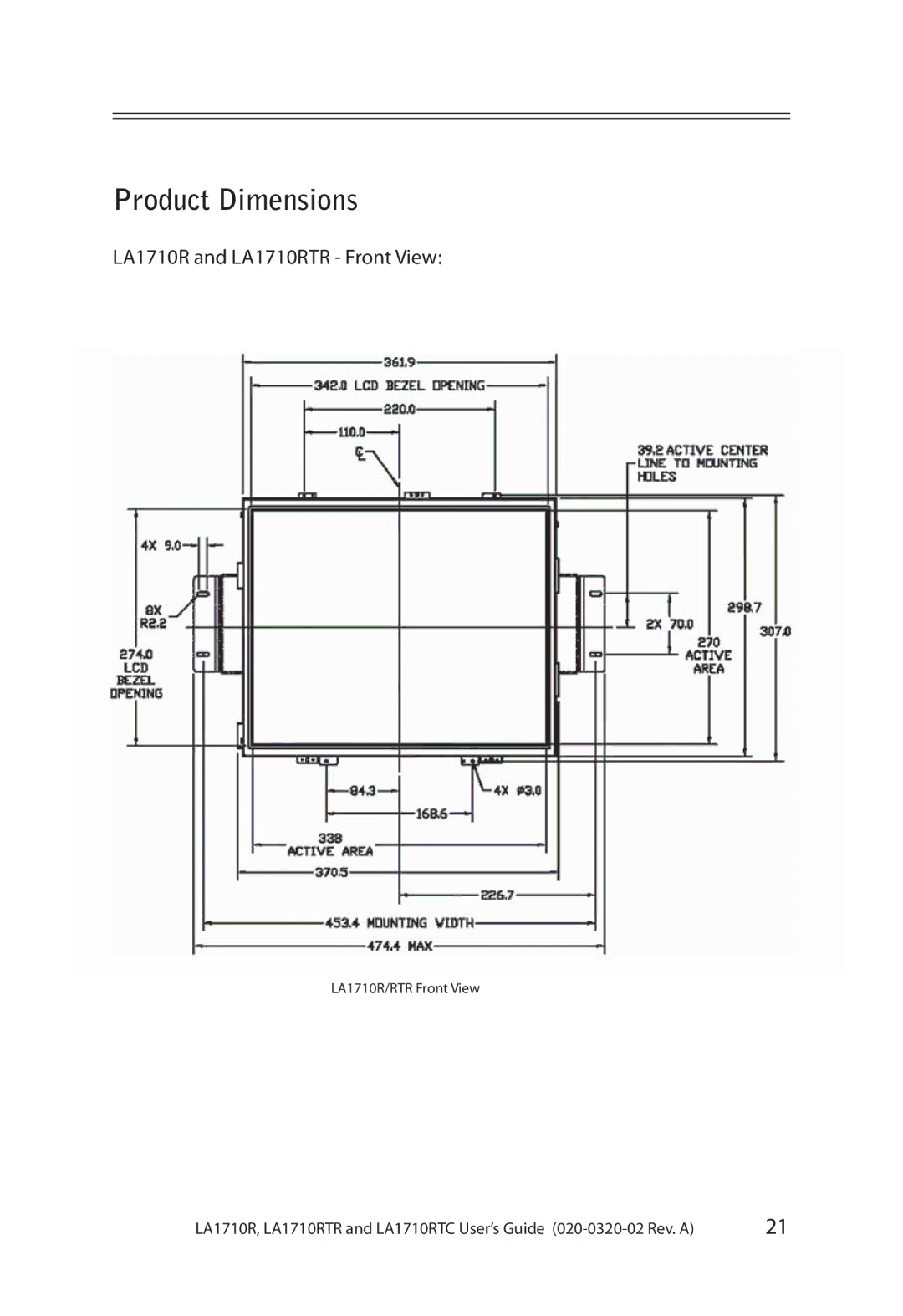 Planar LA1710RTR, LA1710RTC manual Product Dimensions 