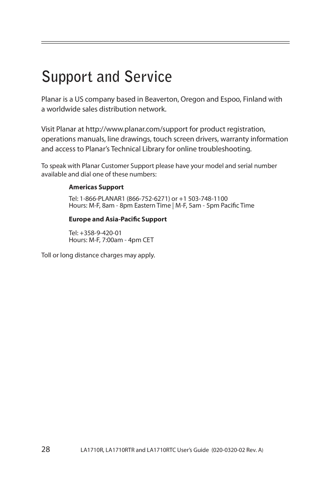 Planar LA1710RTR, LA1710RTC manual Support and Service, Americas Support 