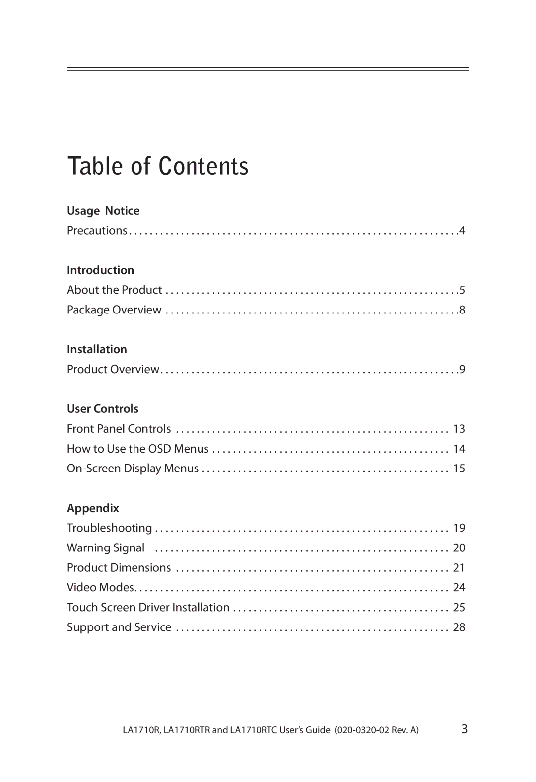 Planar LA1710RTR, LA1710RTC manual Table of Contents 