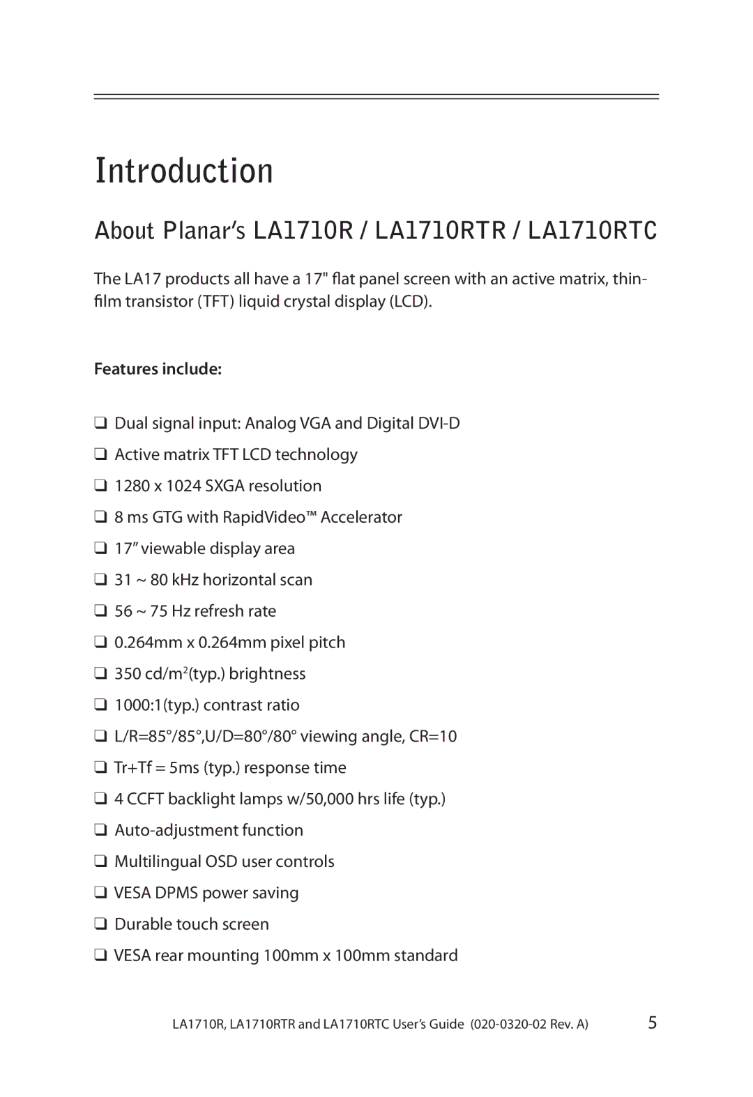 Planar manual Introduction, About Planar’s LA1710R / LA1710RTR / LA1710RTC, Features include 