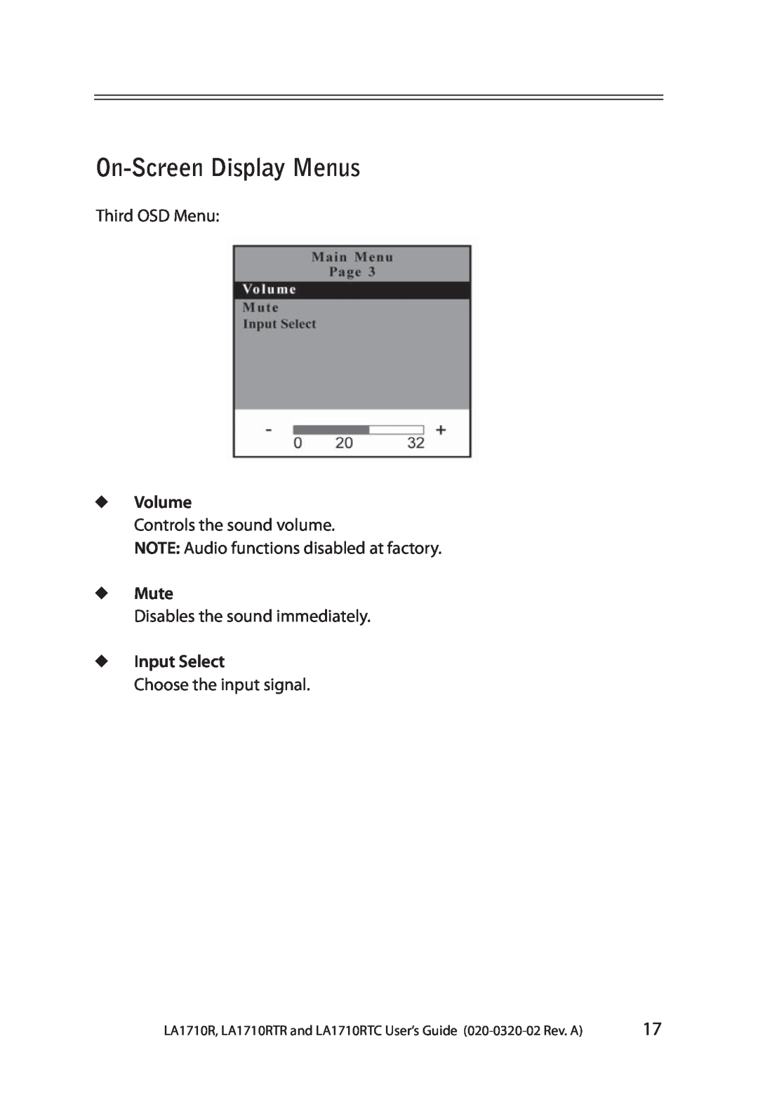 Planar LA1710RTC, LA1710RTR manual Volume, Mute, Input Select, On-Screen Display Menus 