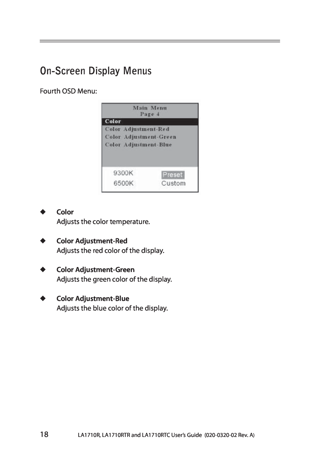 Planar LA1710RTR manual Color Adjustment-Red, Color Adjustment-Green, Color Adjustment-Blue, On-Screen Display Menus 