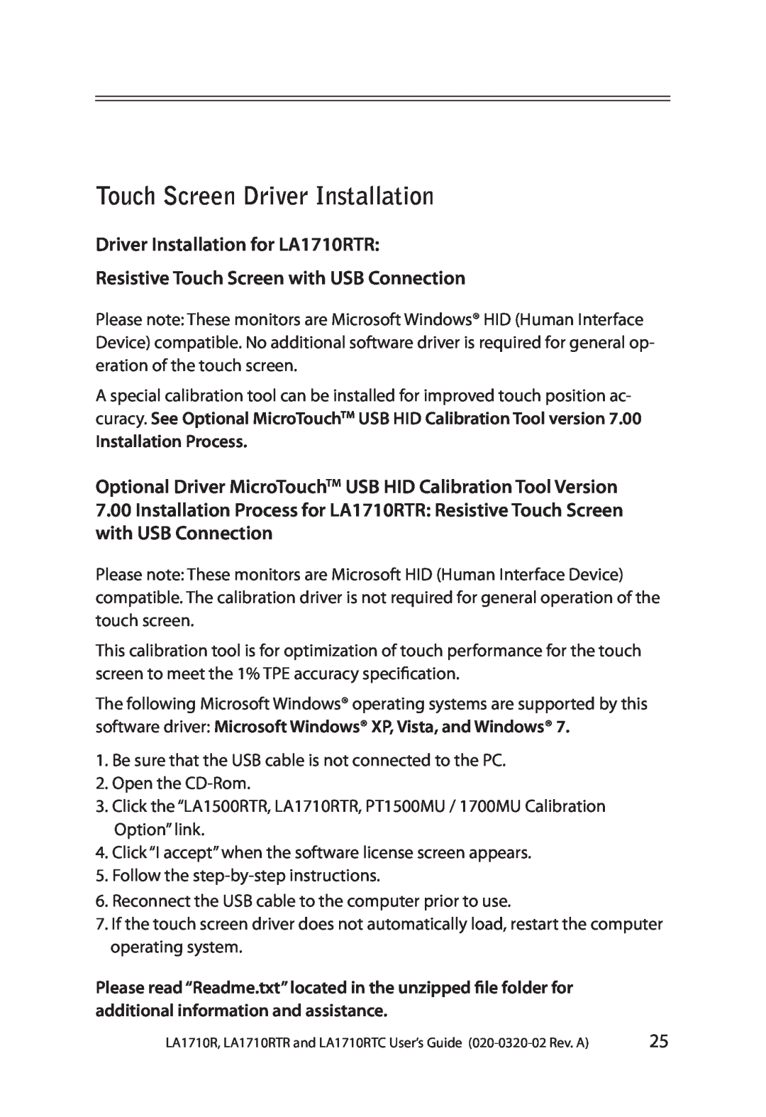 Planar Touch Screen Driver Installation, Driver Installation for LA1710RTR, Resistive Touch Screen with USB Connection 