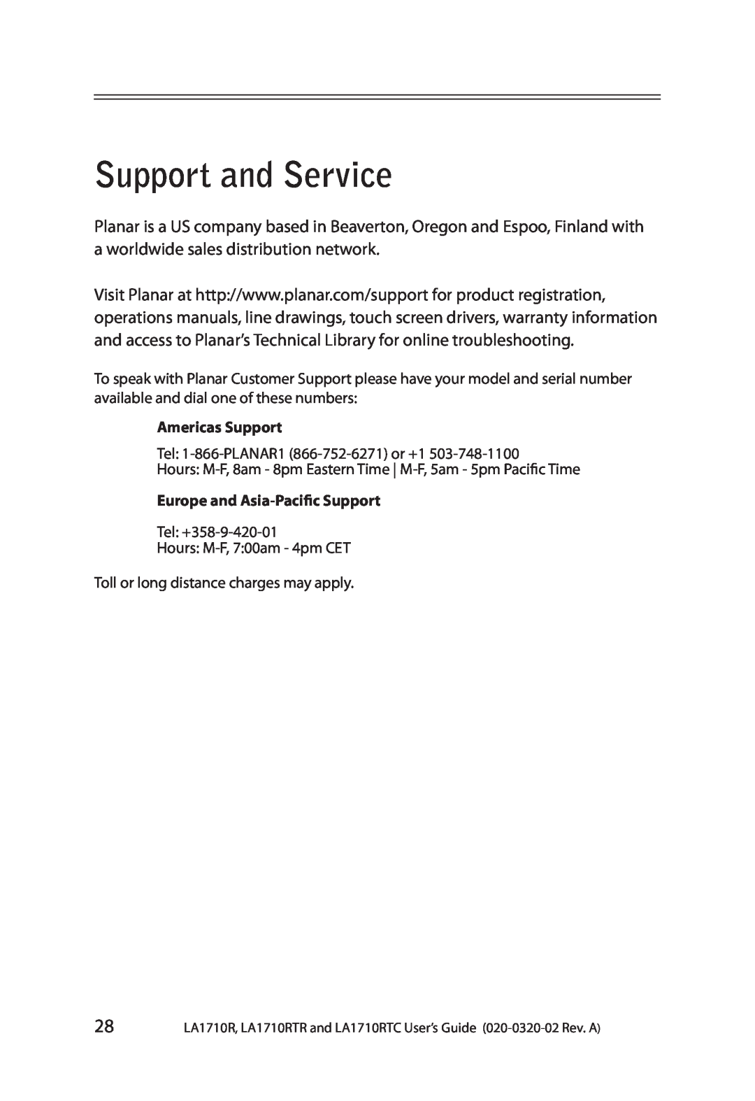 Planar LA1710RTR, LA1710RTC manual Support and Service, Americas Support, Europe and Asia-Pacific Support 