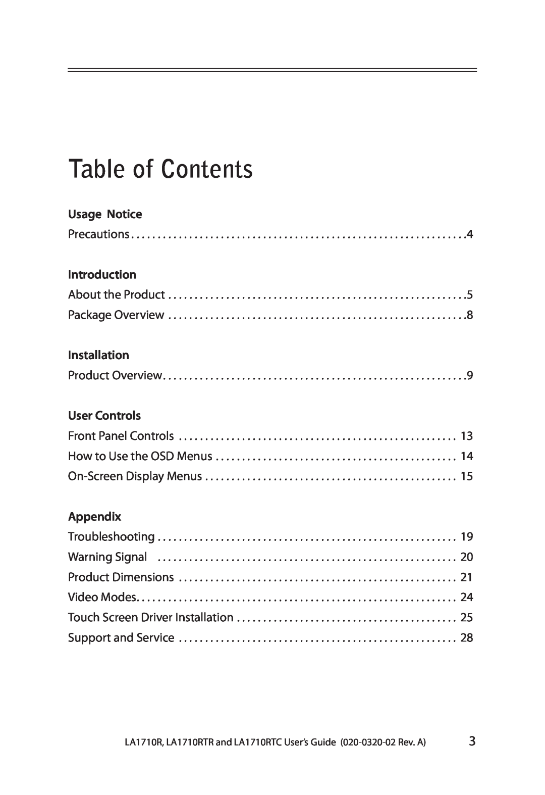 Planar LA1710RTR, LA1710RTC manual Table of Contents, Usage Notice, Introduction, Installation, User Controls, Appendix 