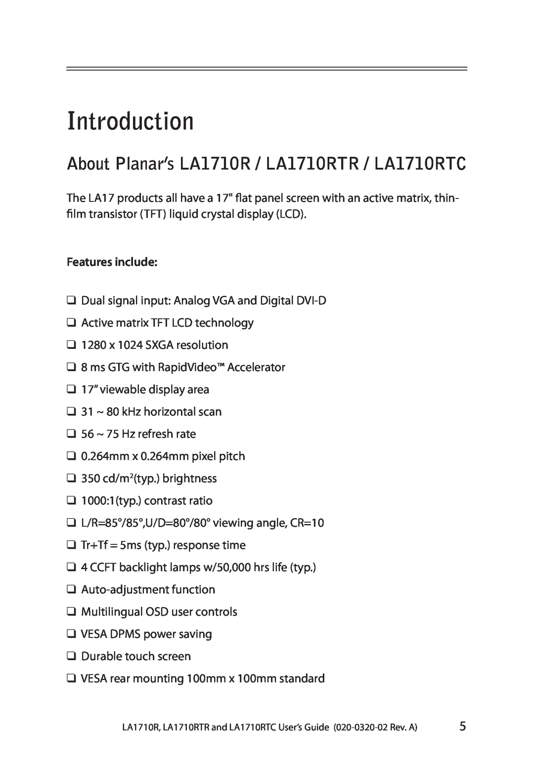 Planar manual Introduction, About Planar’s LA1710R / LA1710RTR / LA1710RTC, Features include 