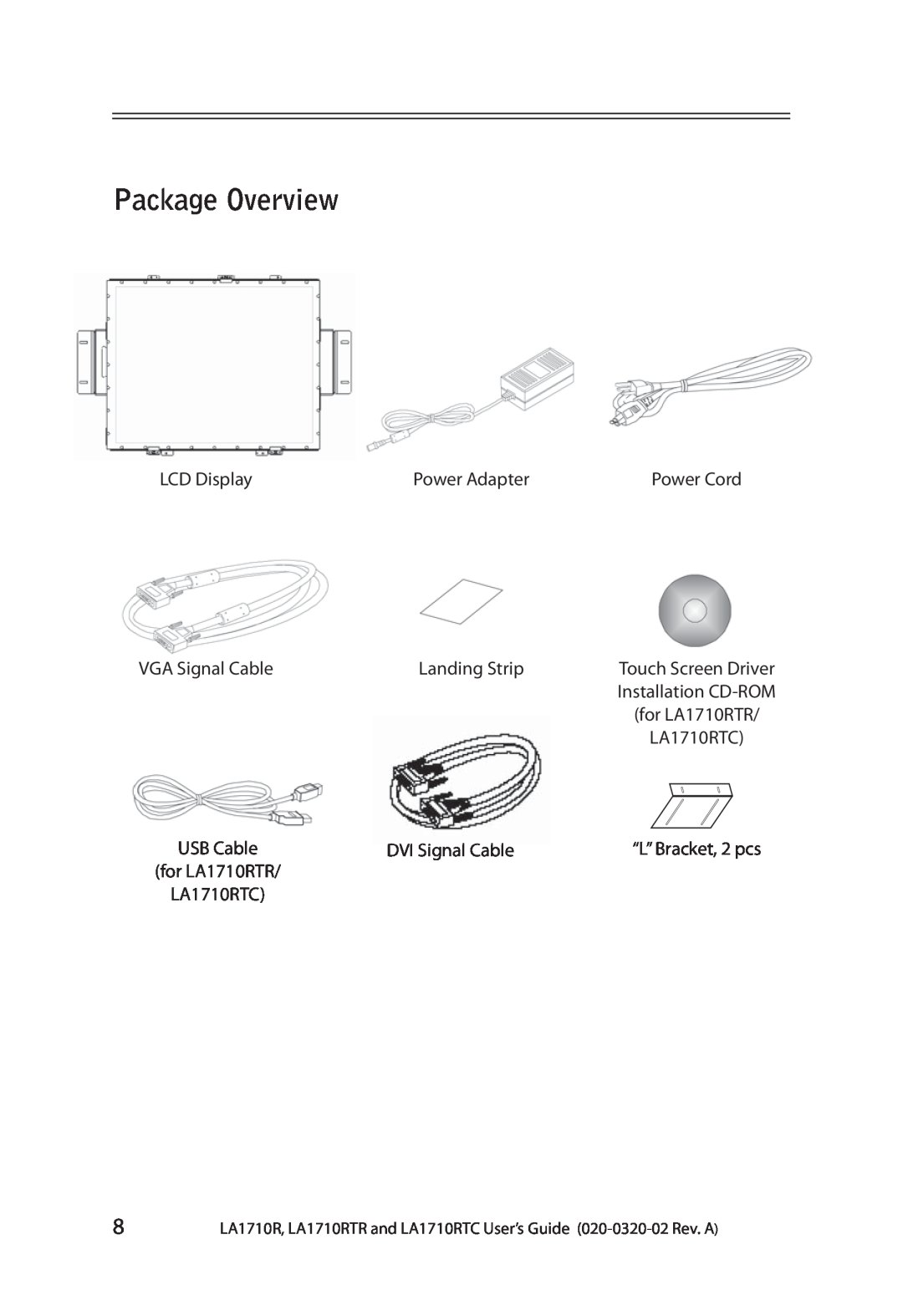 Planar LA1710RTC manual Package Overview, Power Cord, Touch Screen Driver, Installation CD-ROM, USB Cable, for LA1710RTR 