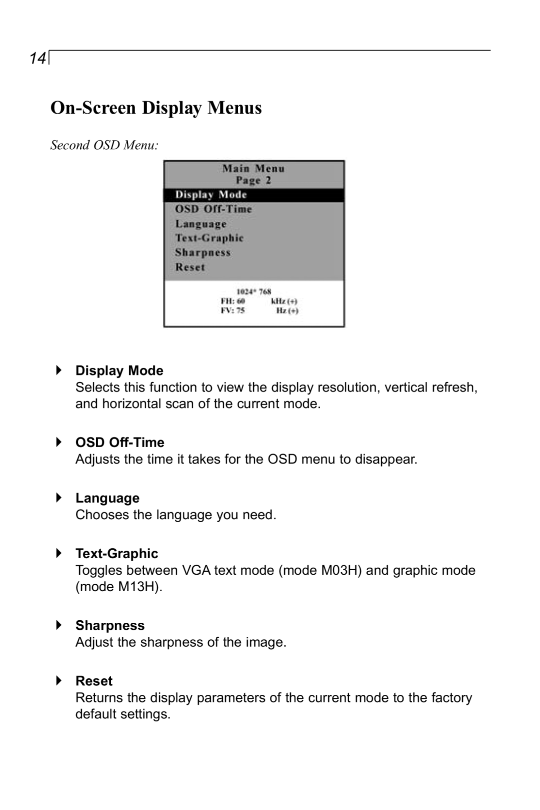 Planar LA1910RTC manual Display Mode, OSD Off-Time, Language, Text-Graphic, Sharpness, Reset 