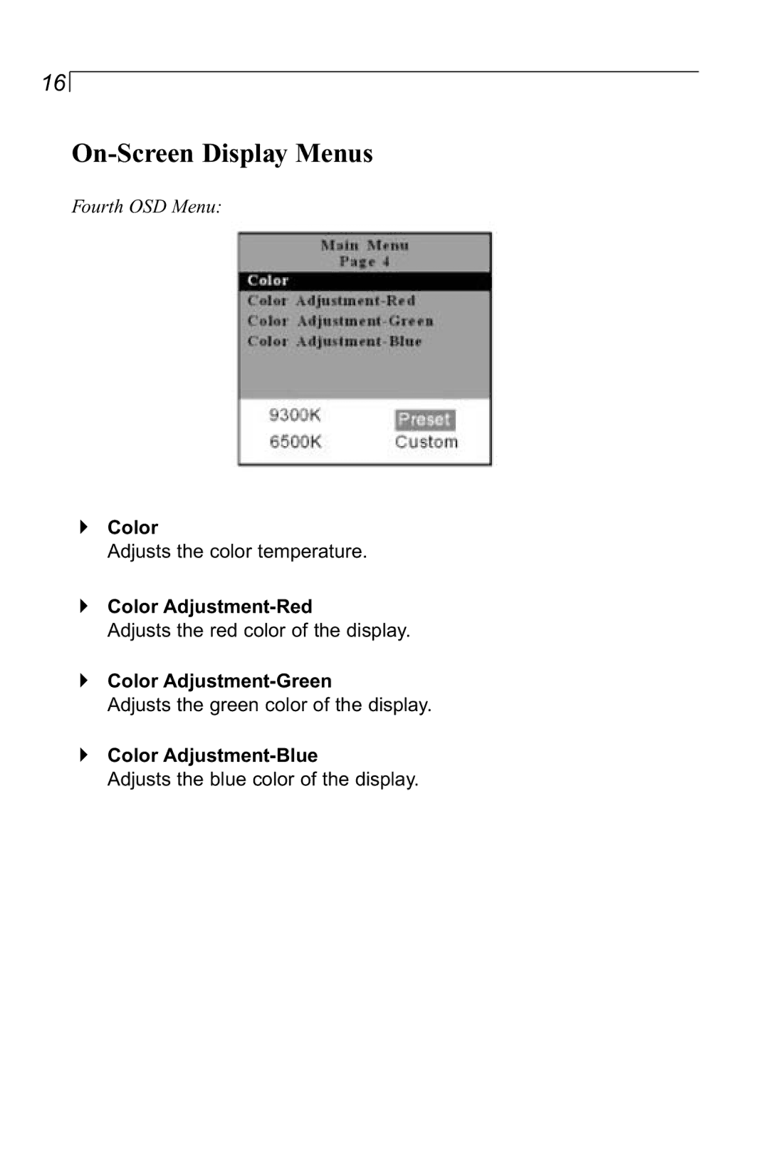 Planar LA1910RTC manual Color Adjustment-Red, Color Adjustment-Green, Color Adjustment-Blue 