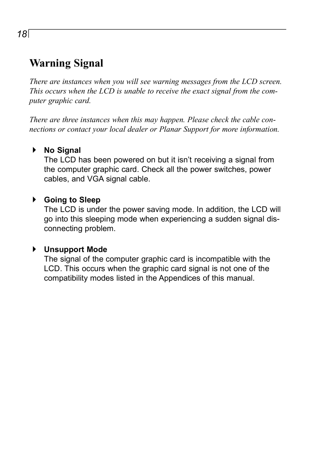 Planar LA1910RTC manual No Signal, Going to Sleep, Unsupport Mode 