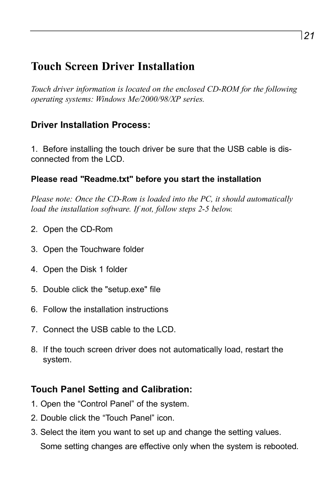 Planar LA1910RTC manual Touch Screen Driver Installation, Please read Readme.txt before you start the installation 