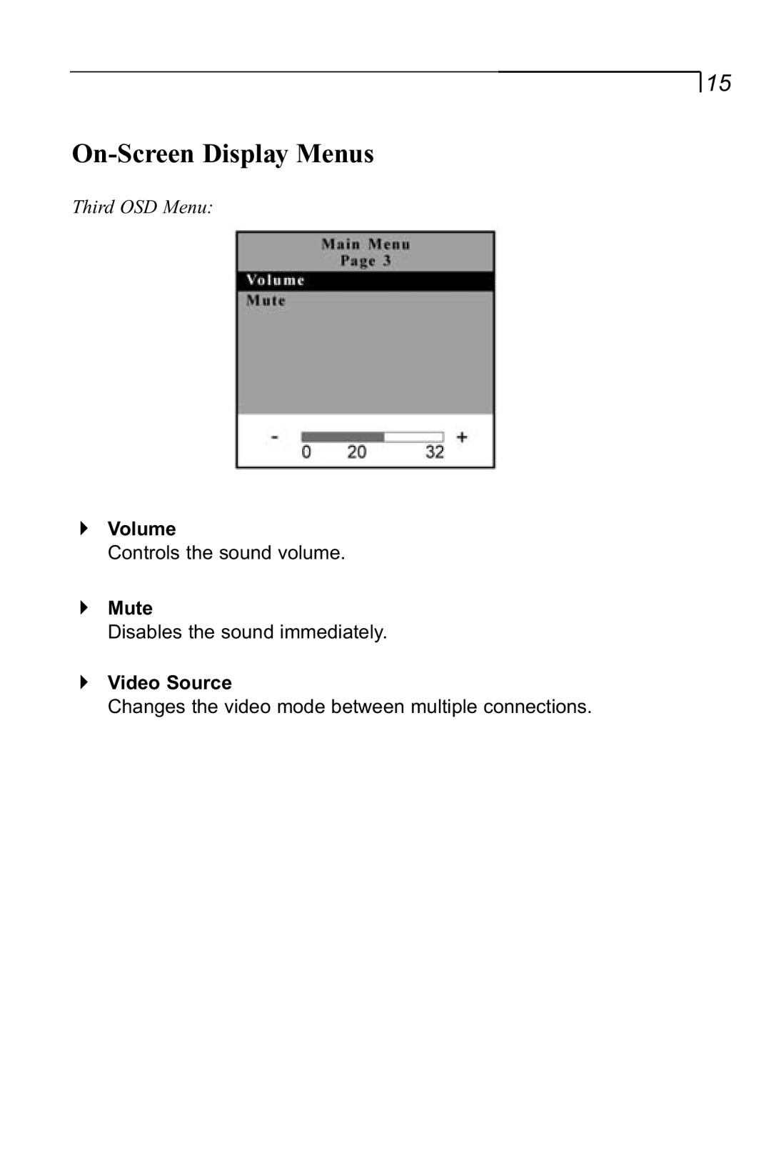 Planar LA1910RTC manual Volume, Mute, Video Source, On-Screen Display Menus, Controls the sound volume 