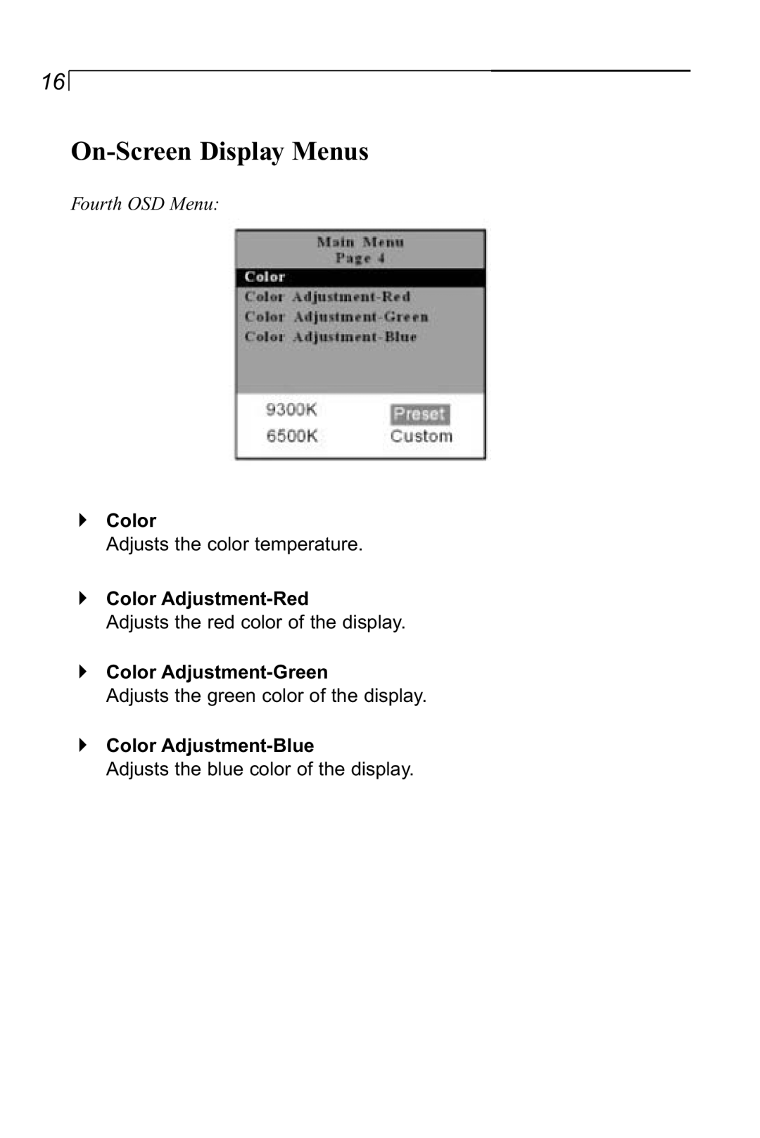 Planar LA1910RTC manual Color Adjustment-Red, Color Adjustment-Green, Color Adjustment-Blue, On-Screen Display Menus 