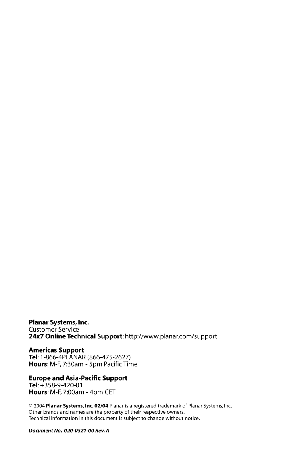 Planar LA1910RTC manual Planar Systems, Inc, Customer Service, Americas Support, Europe and Asia-Pacific Support 