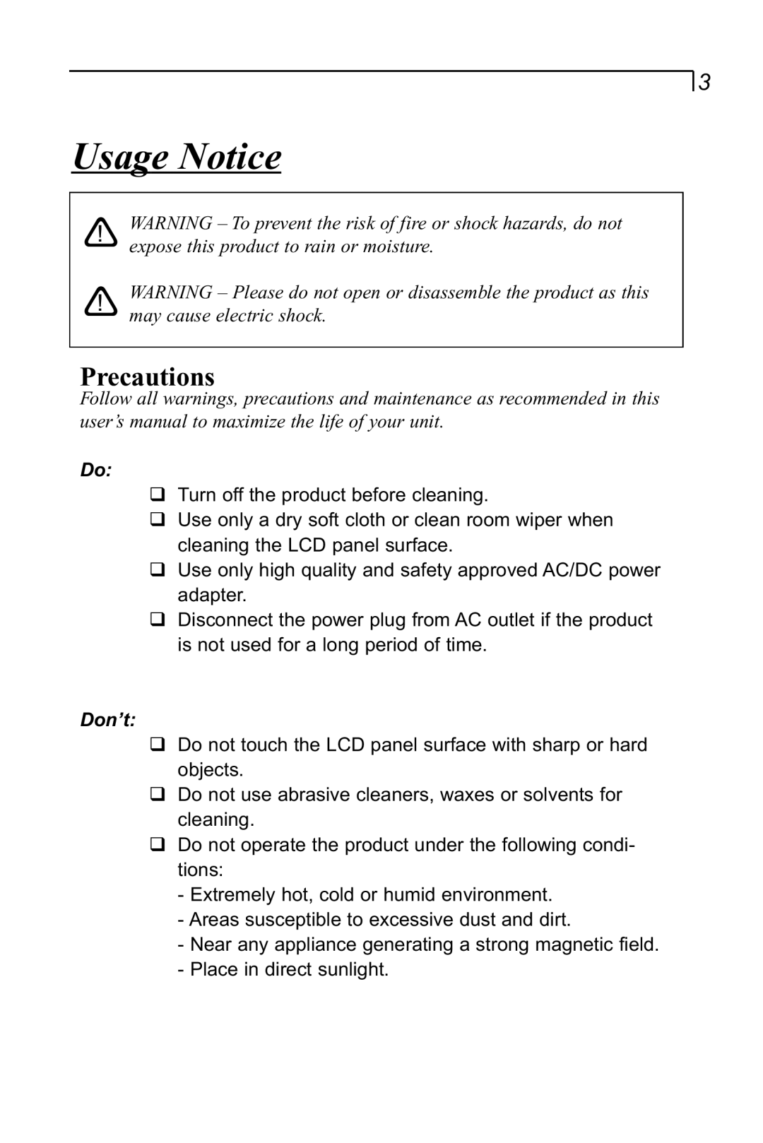 Planar LA1910RTC manual Usage Notice, Precautions, Don’t 