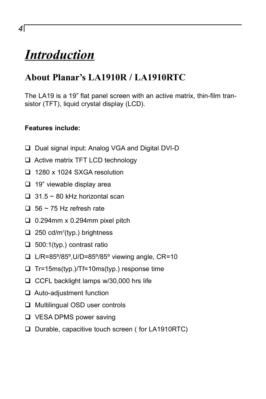 Planar manual Introduction, About Planar’s LA1910R / LA1910RTC, Features include 
