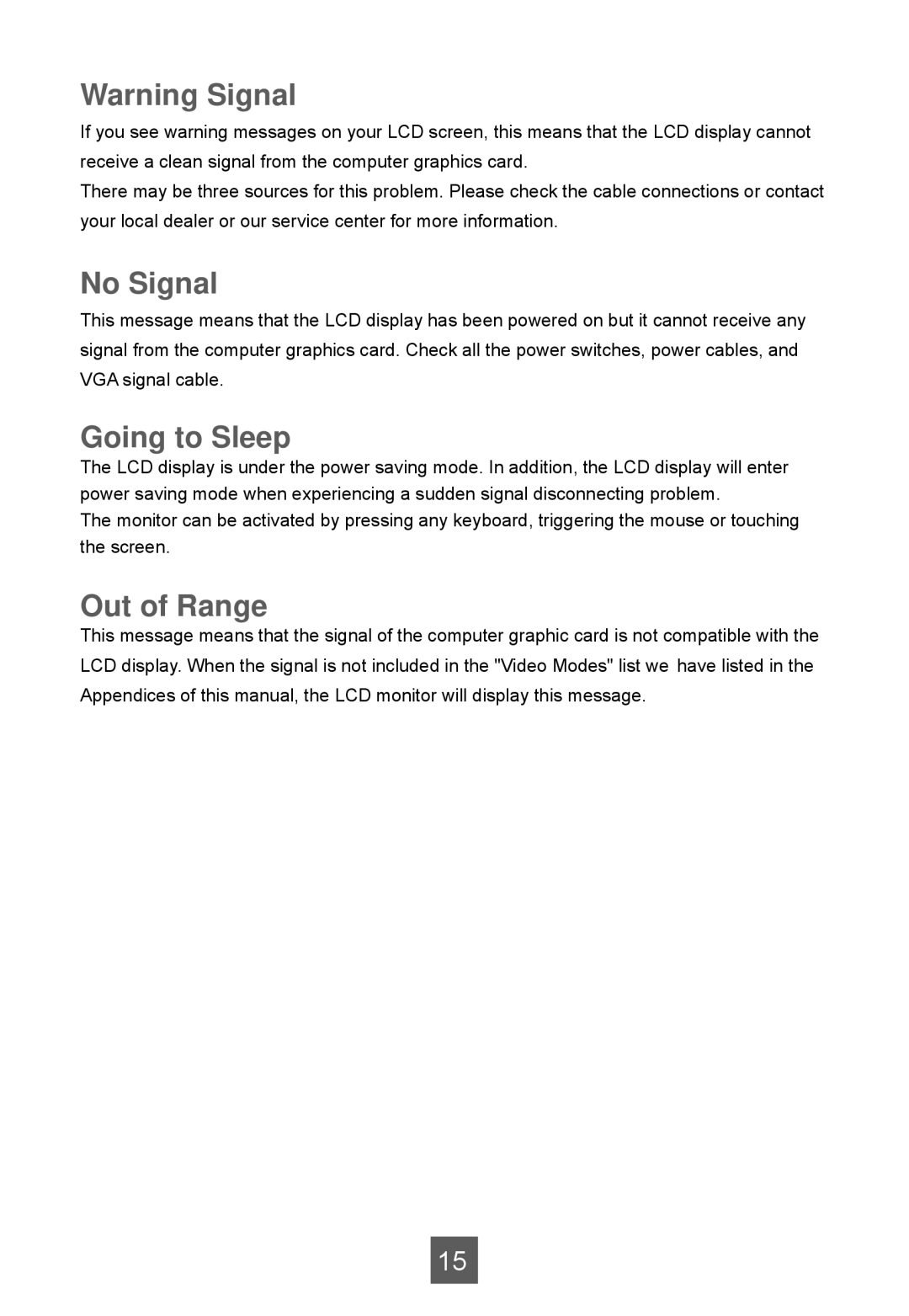 Planar LA1950RTS, LA1950RTC, LA1950RTR manual No Signal, Going to Sleep, Out of Range 