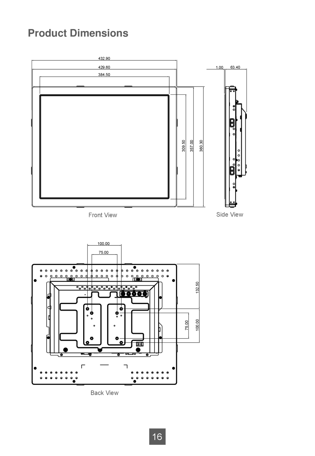 Planar LA1950RTR, LA1950RTC, LA1950RTS manual Product Dimensions 