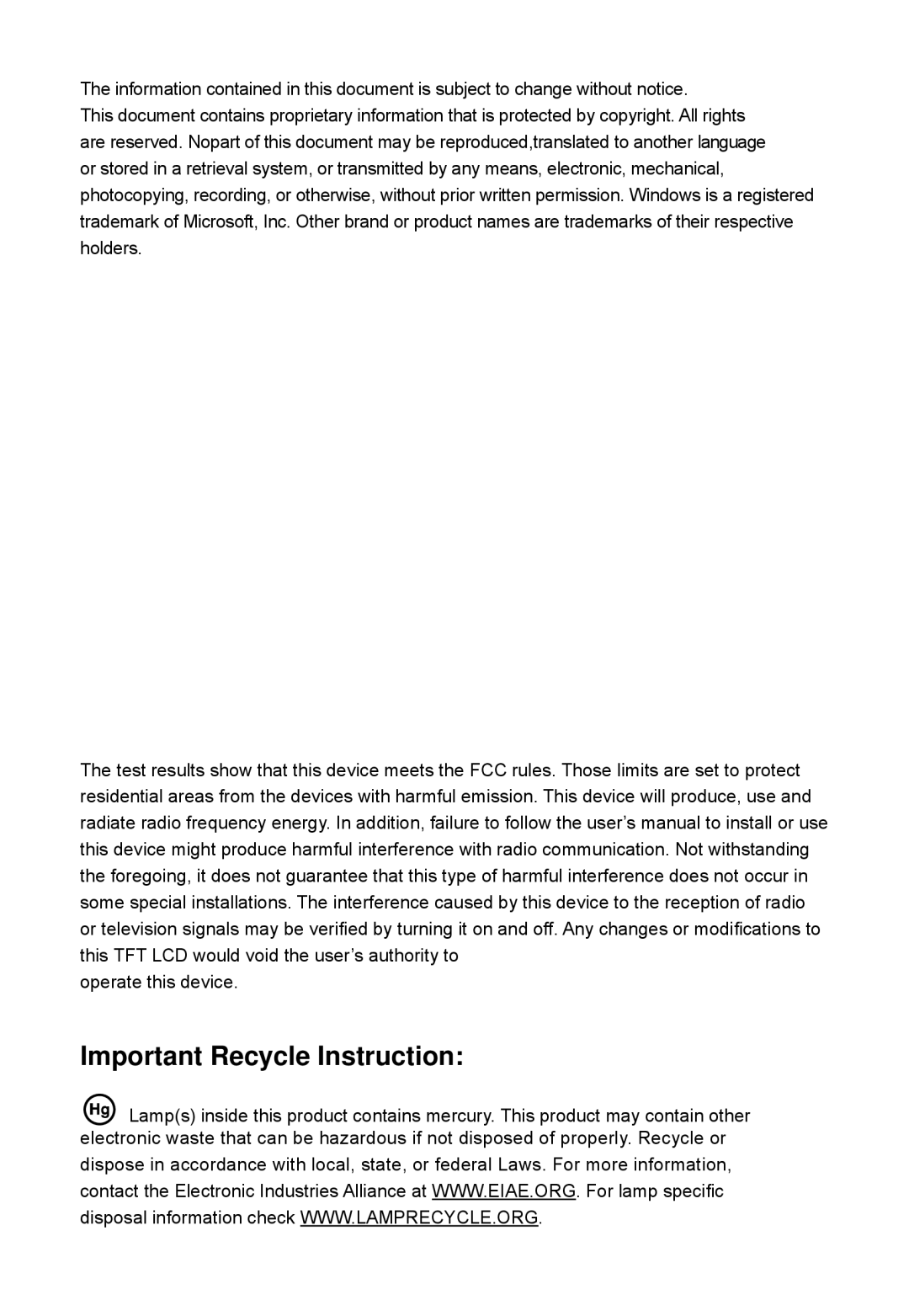 Planar LA1950RTS, LA1950RTC, LA1950RTR manual Important Recycle Instruction 